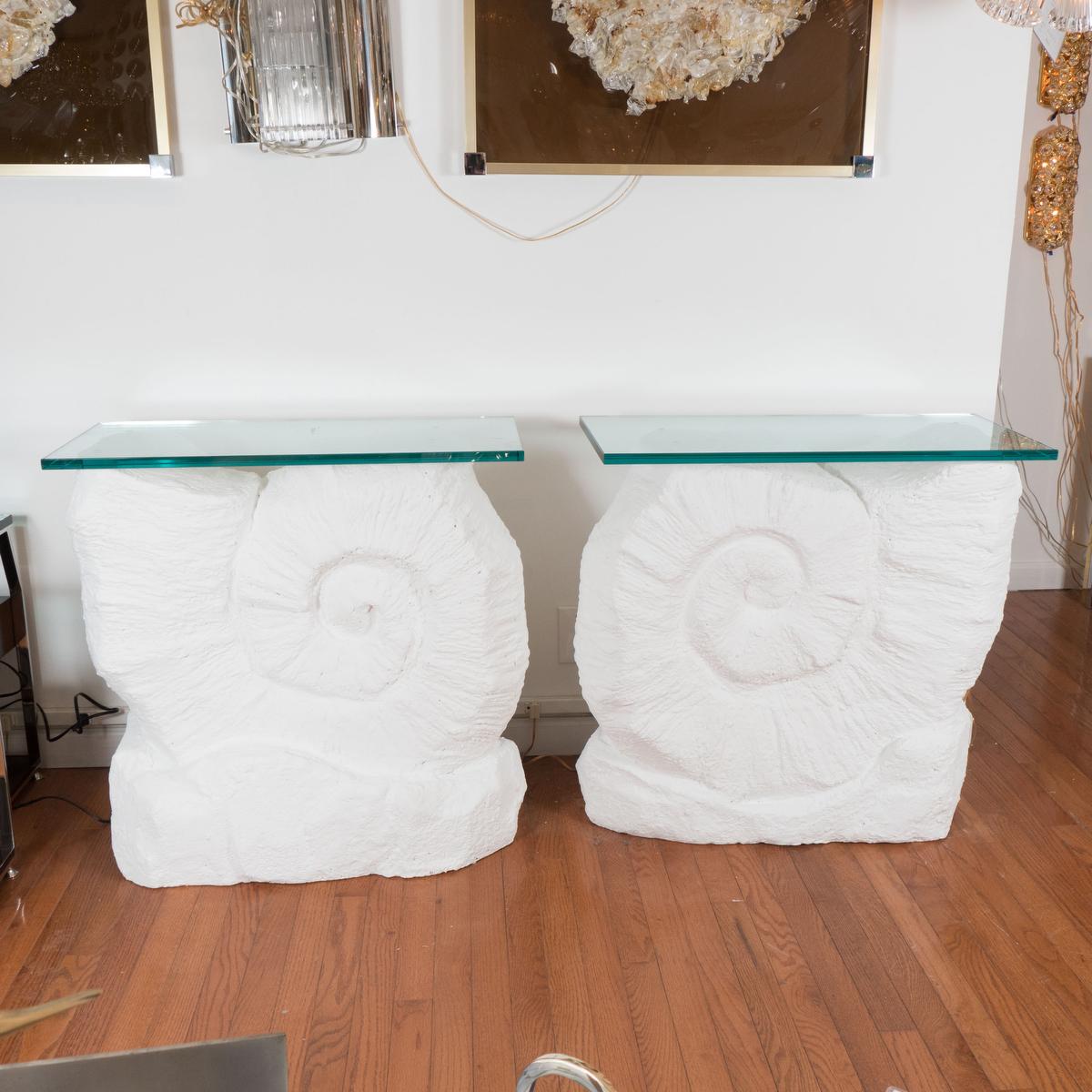 American Pair of Composition Nautilus Shell Console Tables with Glass Tops For Sale