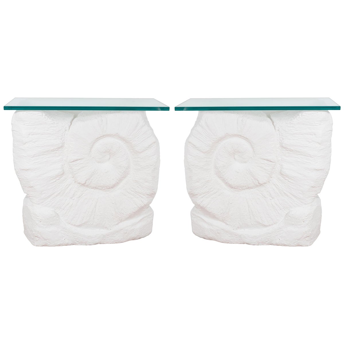 Pair of Composition Nautilus Shell Console Tables with Glass Tops For Sale