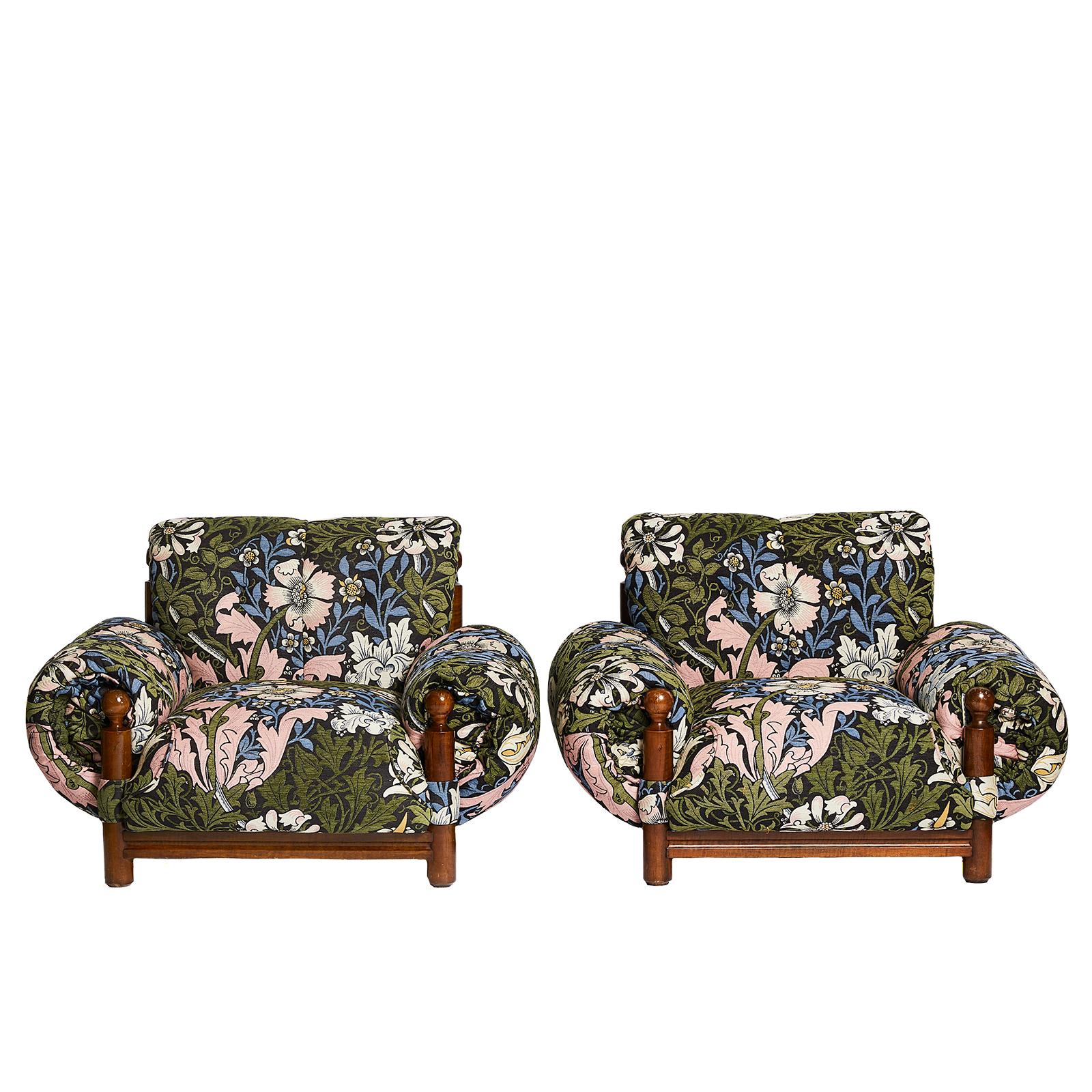 Relax in style with this classic pair of 1970s Italian lounge chairs, expertly upholstered in House of Hackney’s COMPTON jacquard fabric, a reworking of William Morris’ iconic print, reimagined in bold blacks, blues and greens.

A boldly beautiful