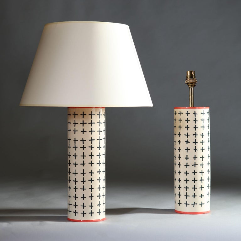 Glazed Pair of Contemporary White Studio Pottery Lamps with Black Decoration For Sale