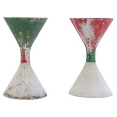 Vintage Pair of concrete Diabolo Planters by Willy Guhl with charming painting