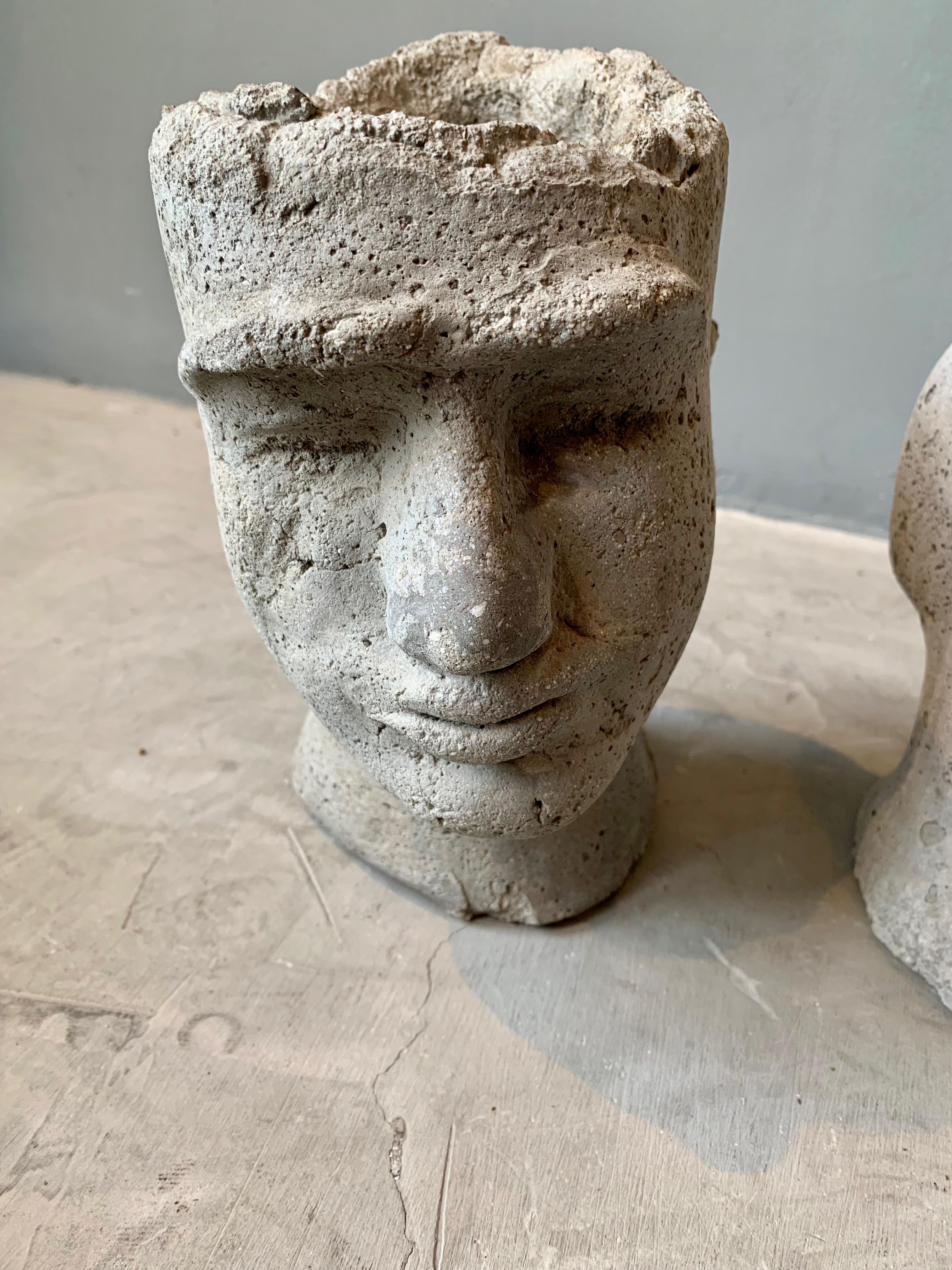 American Pair of Concrete Head Sculptural Planters