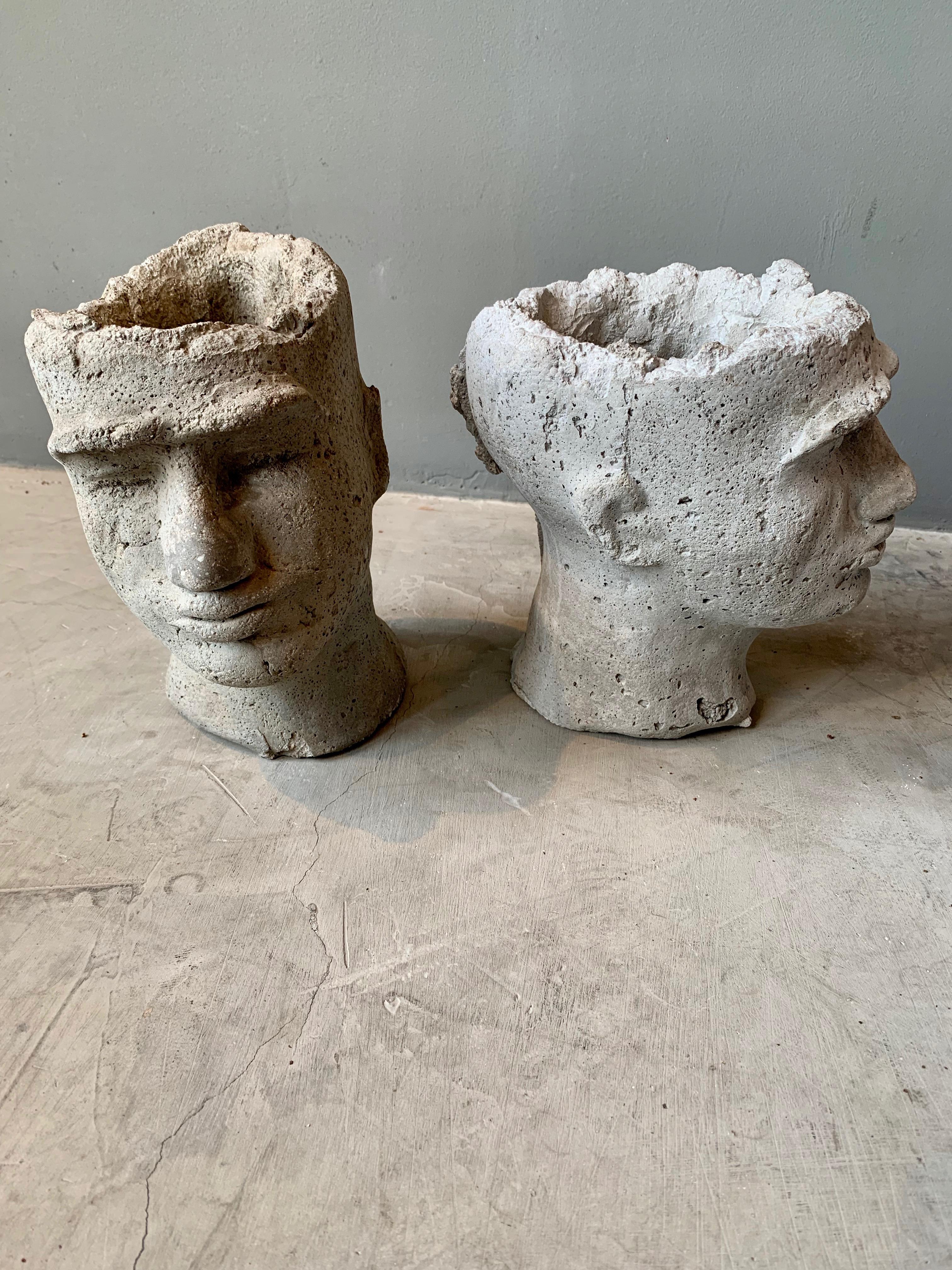 Pair of Concrete Head Sculptural Planters In Good Condition In Los Angeles, CA