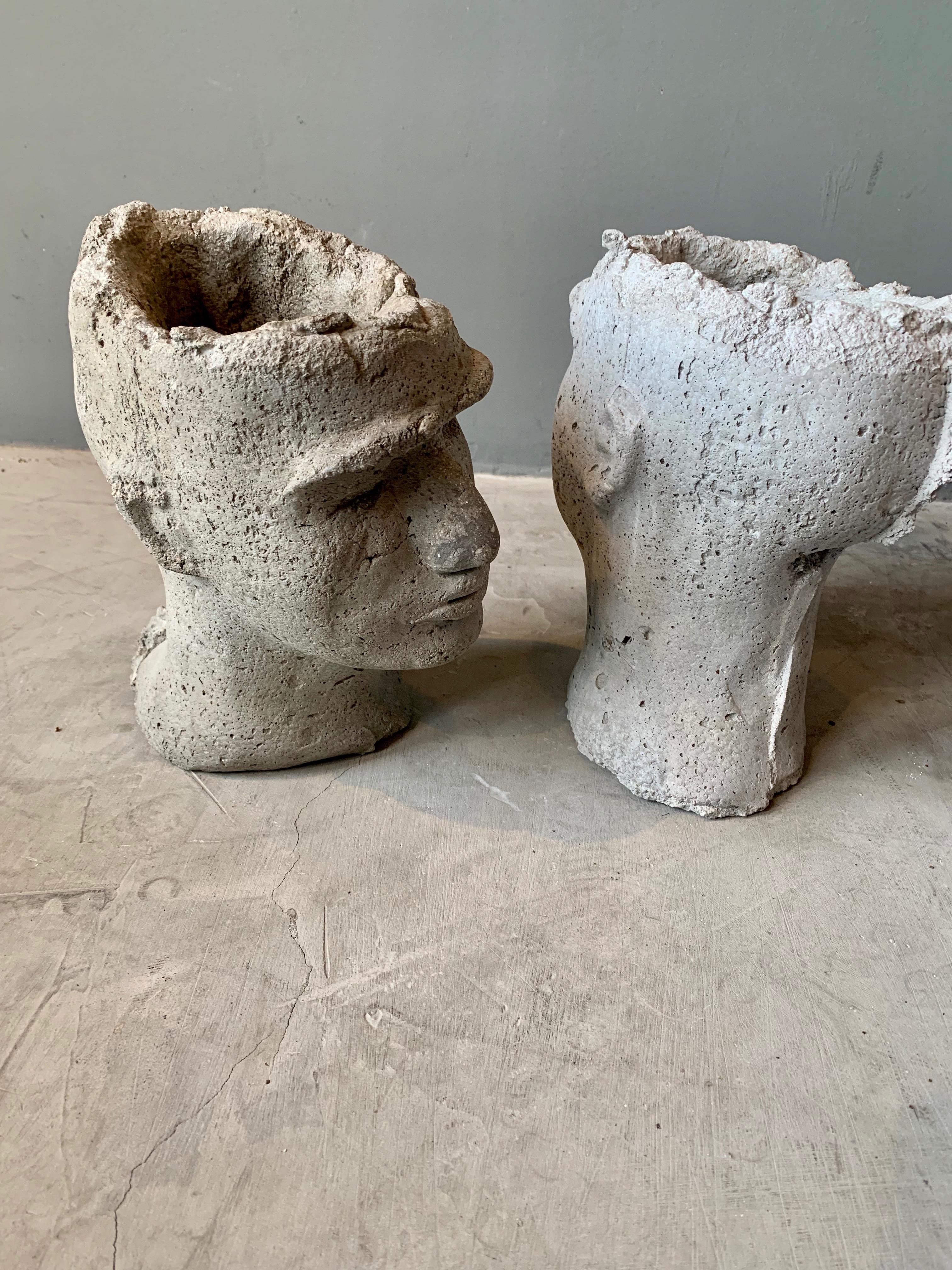 Contemporary Pair of Concrete Head Sculptural Planters