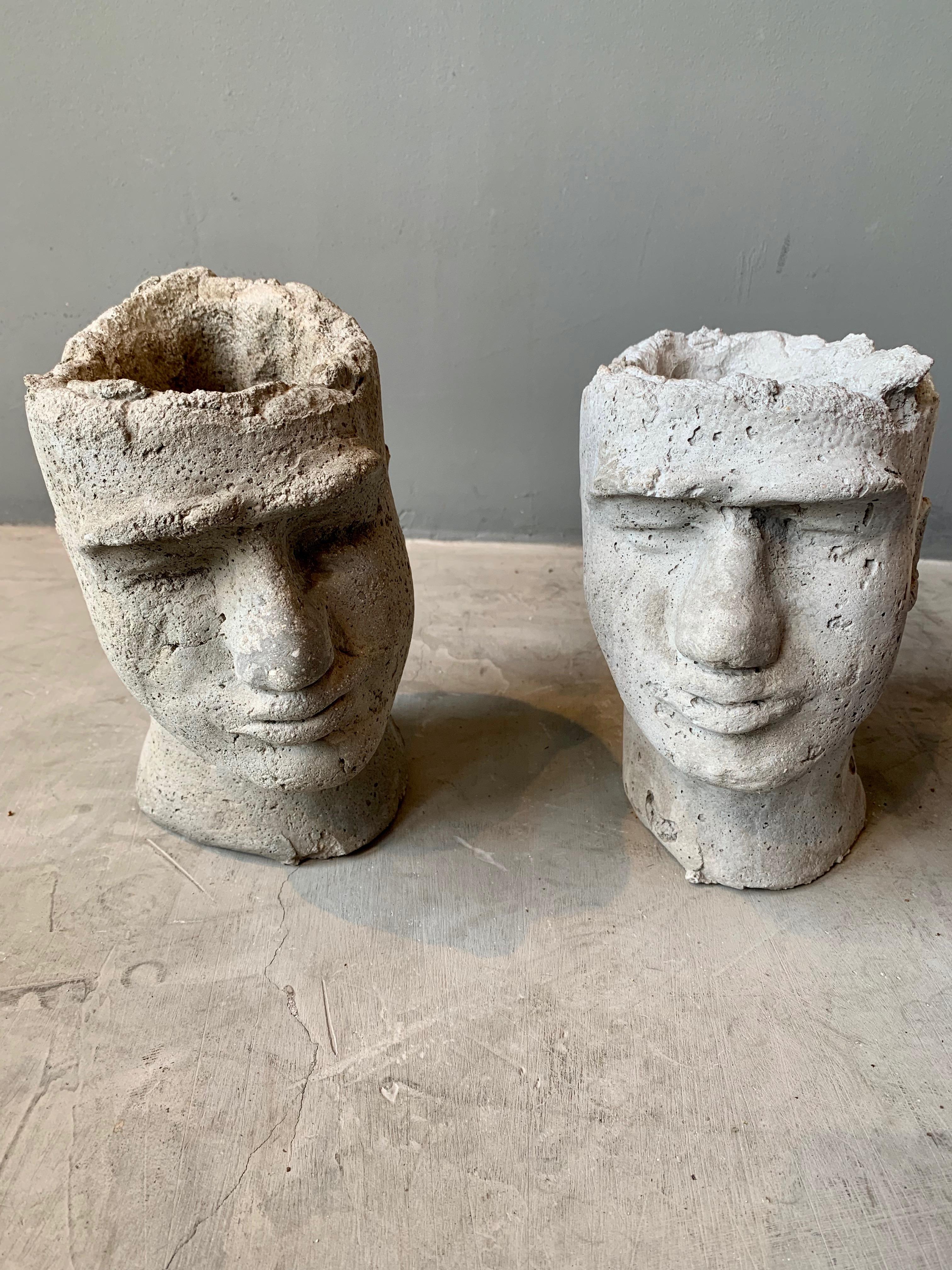 Pair of Concrete Head Sculptural Planters 2