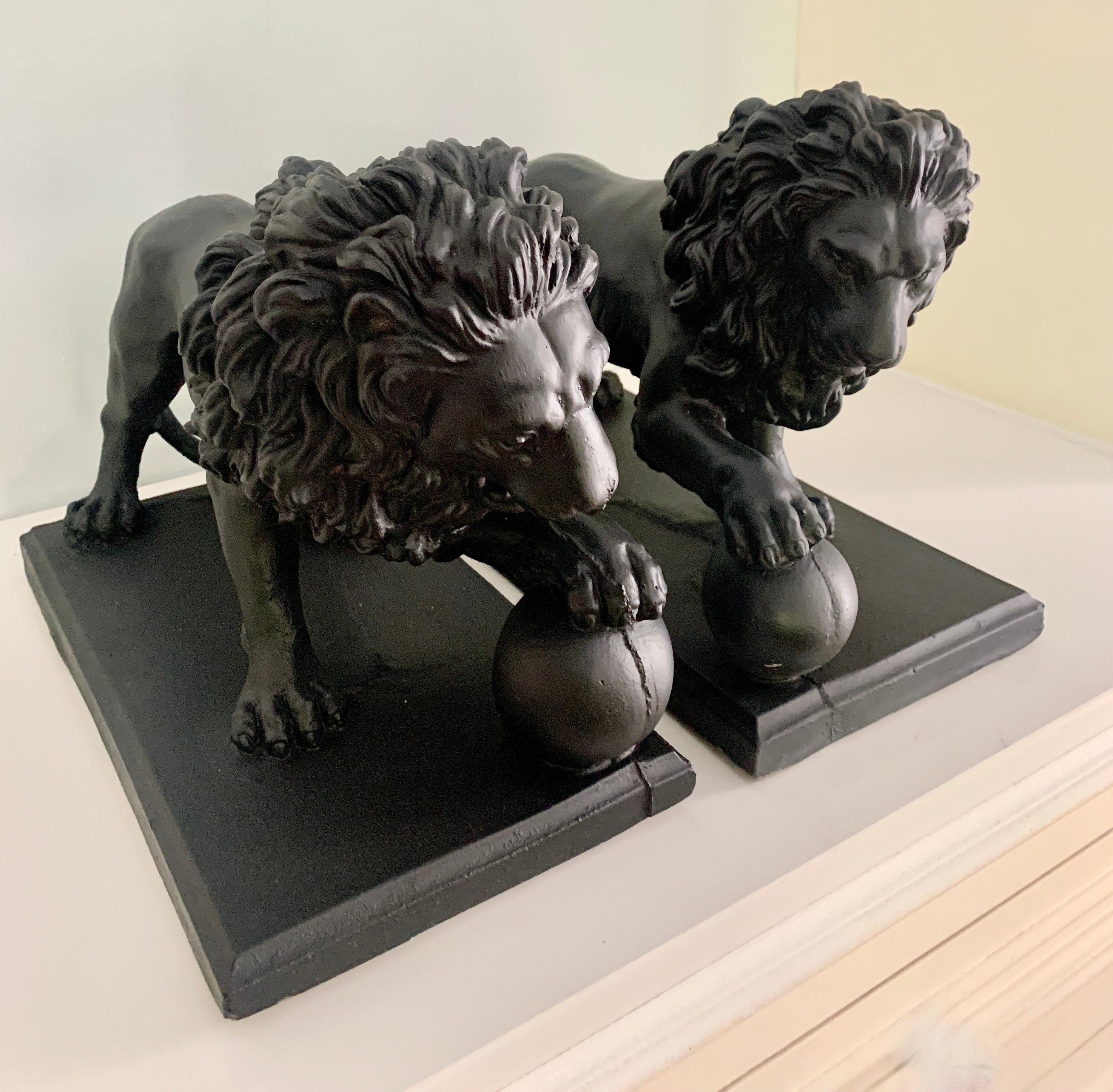 Pair of Concrete Lions with Ball For Sale 2