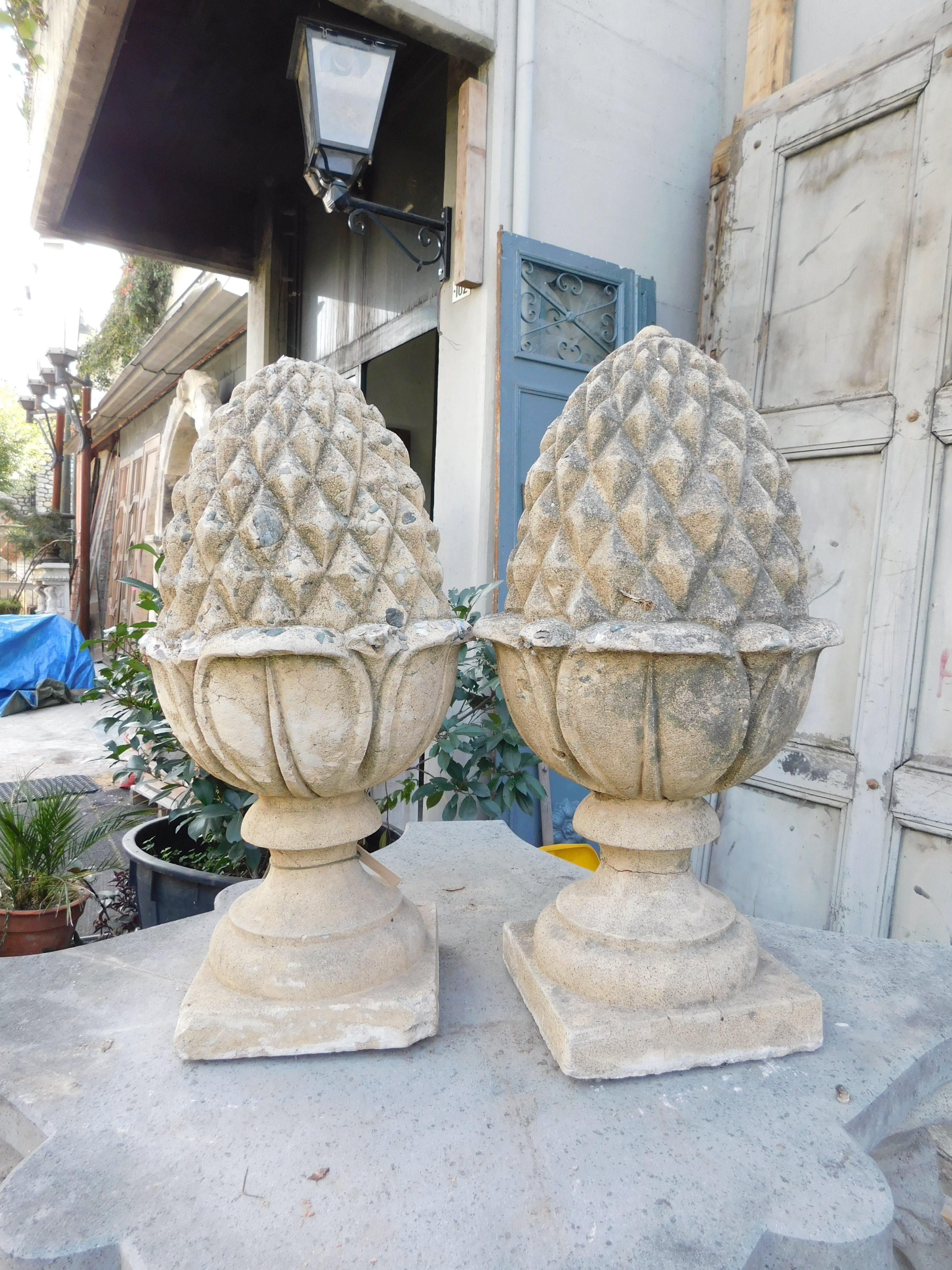 Italian Pair of concrete pine cones, column or outdoor decoration, Italy For Sale