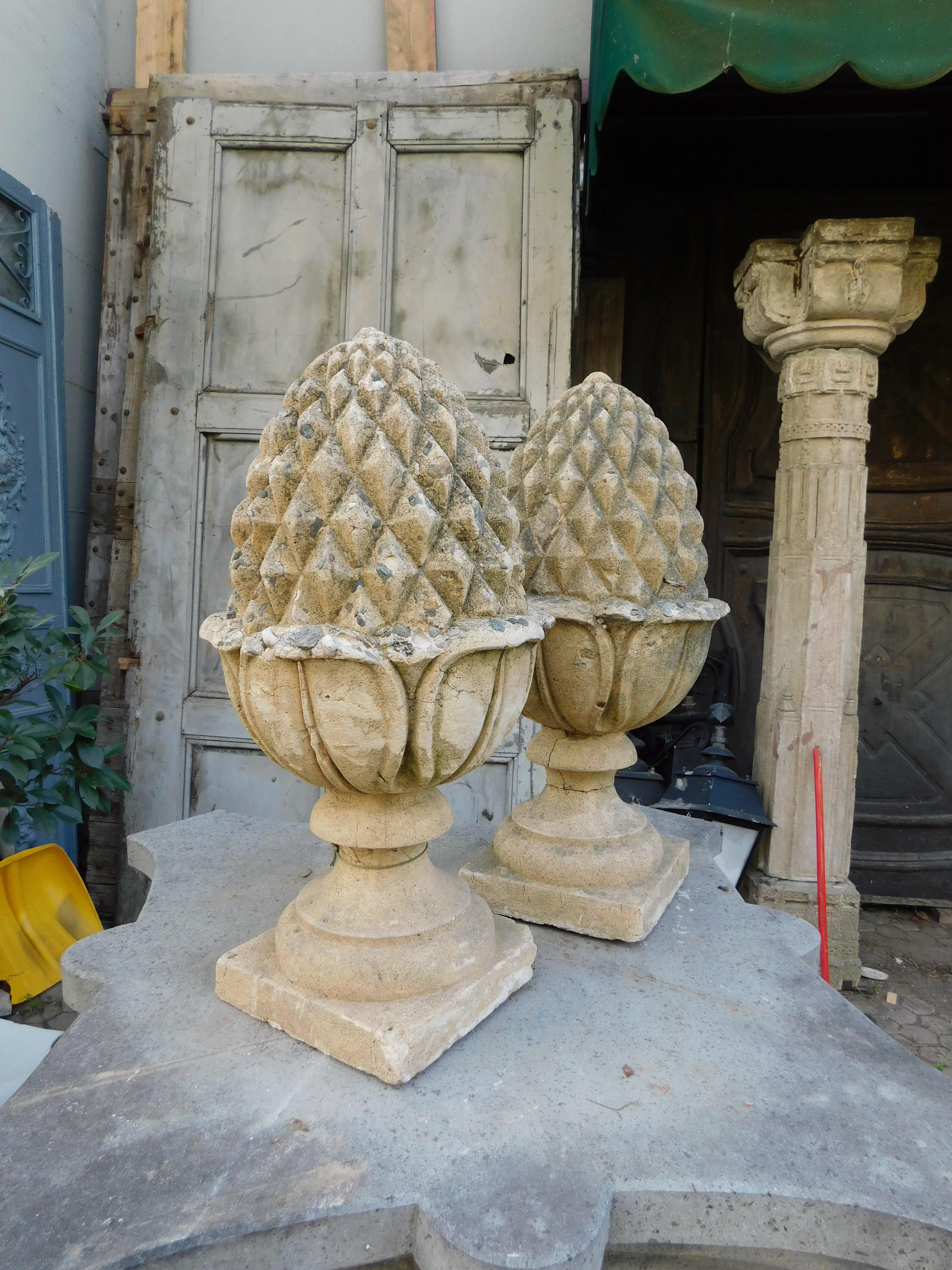 Carved Pair of concrete pine cones, column or outdoor decoration, Italy For Sale