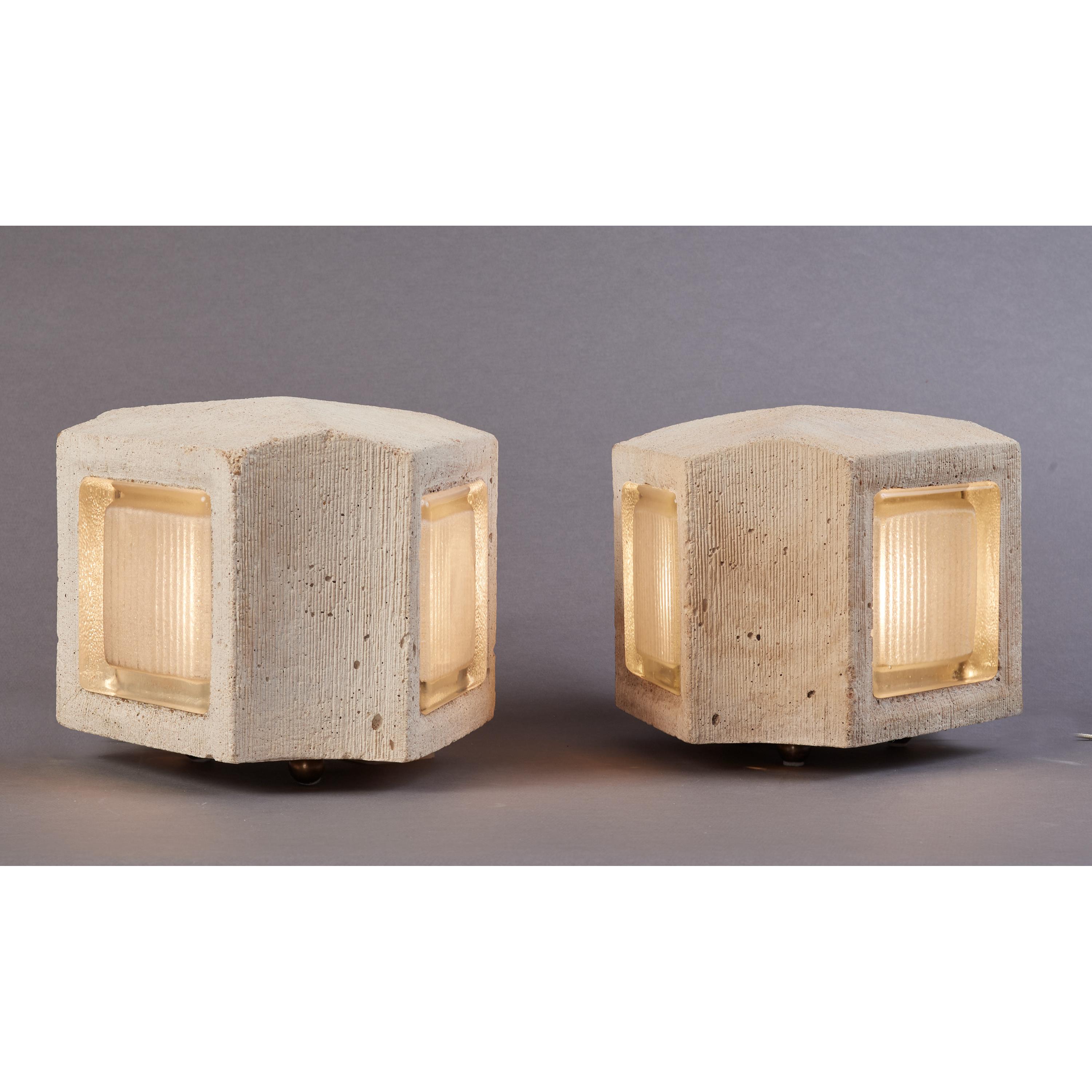 FRANCE 1970's
Wonderful pair of small concrete triangular shaped table lamps, with three slabs of glass inserted in each frame.
9 x 9 x 8 H
Rewired for use in the USA with one standard bulb