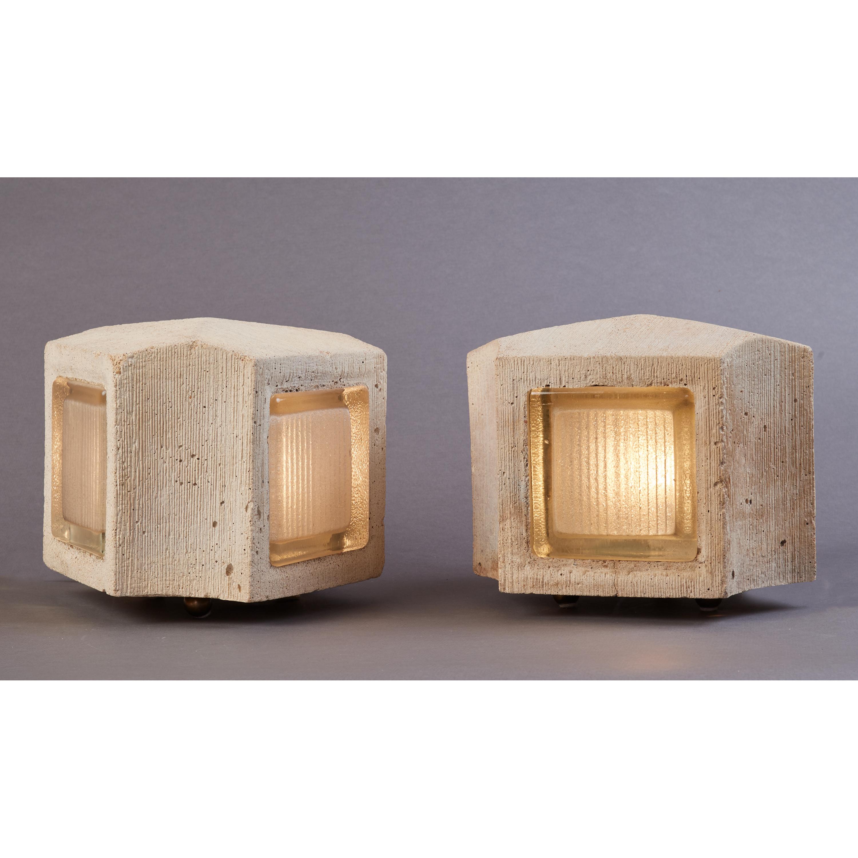French Pair of Concrete Triangular Shaped Table Lamps, France 1970's