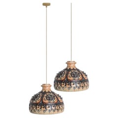 Pair of Cone Chocolate Brown Ceramic Pendant Light, Denmark, 1970