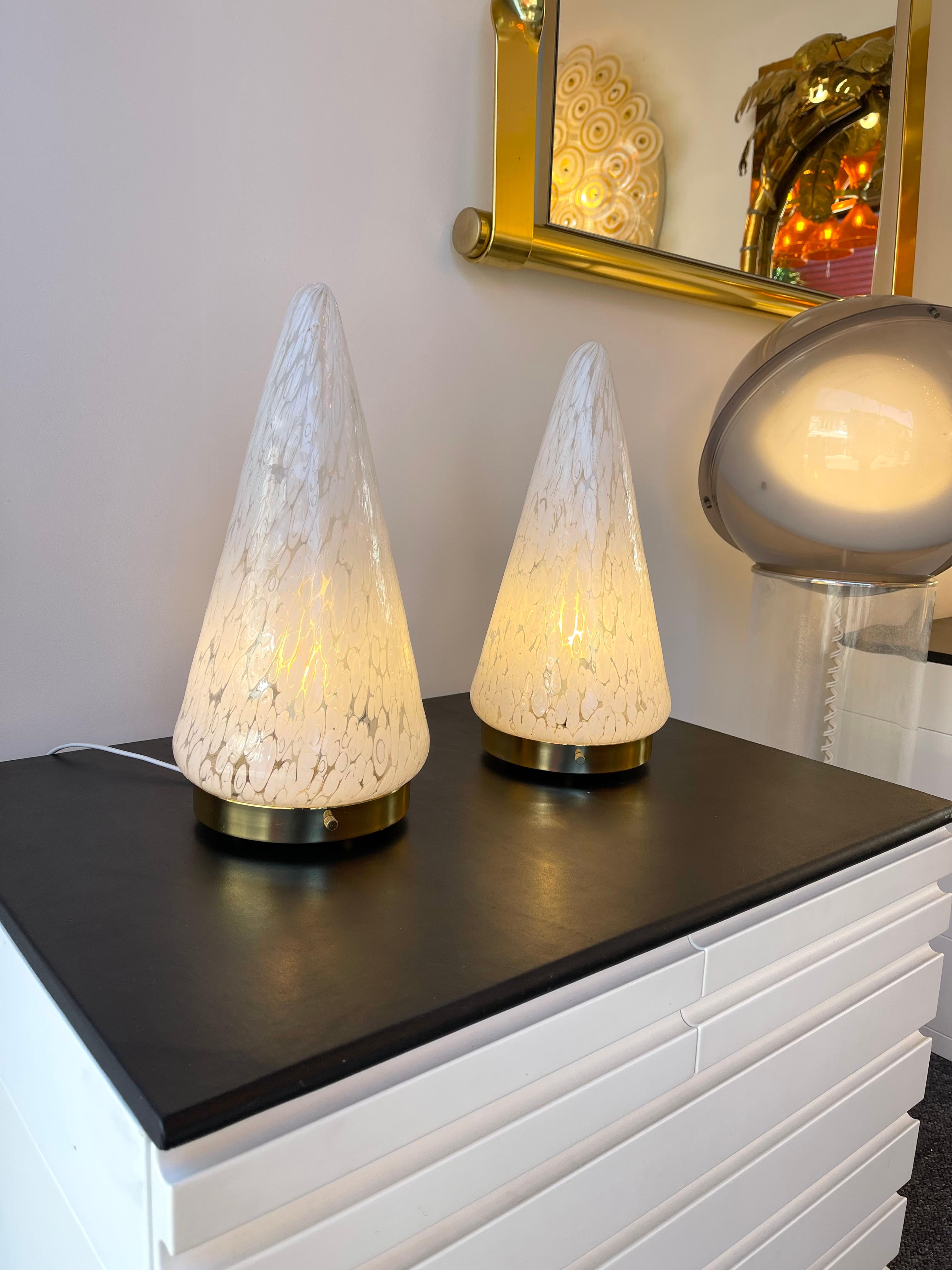 Italian Pair of Cone Lamps Murano Glass and Brass by Esperia. Italy, 1970s For Sale