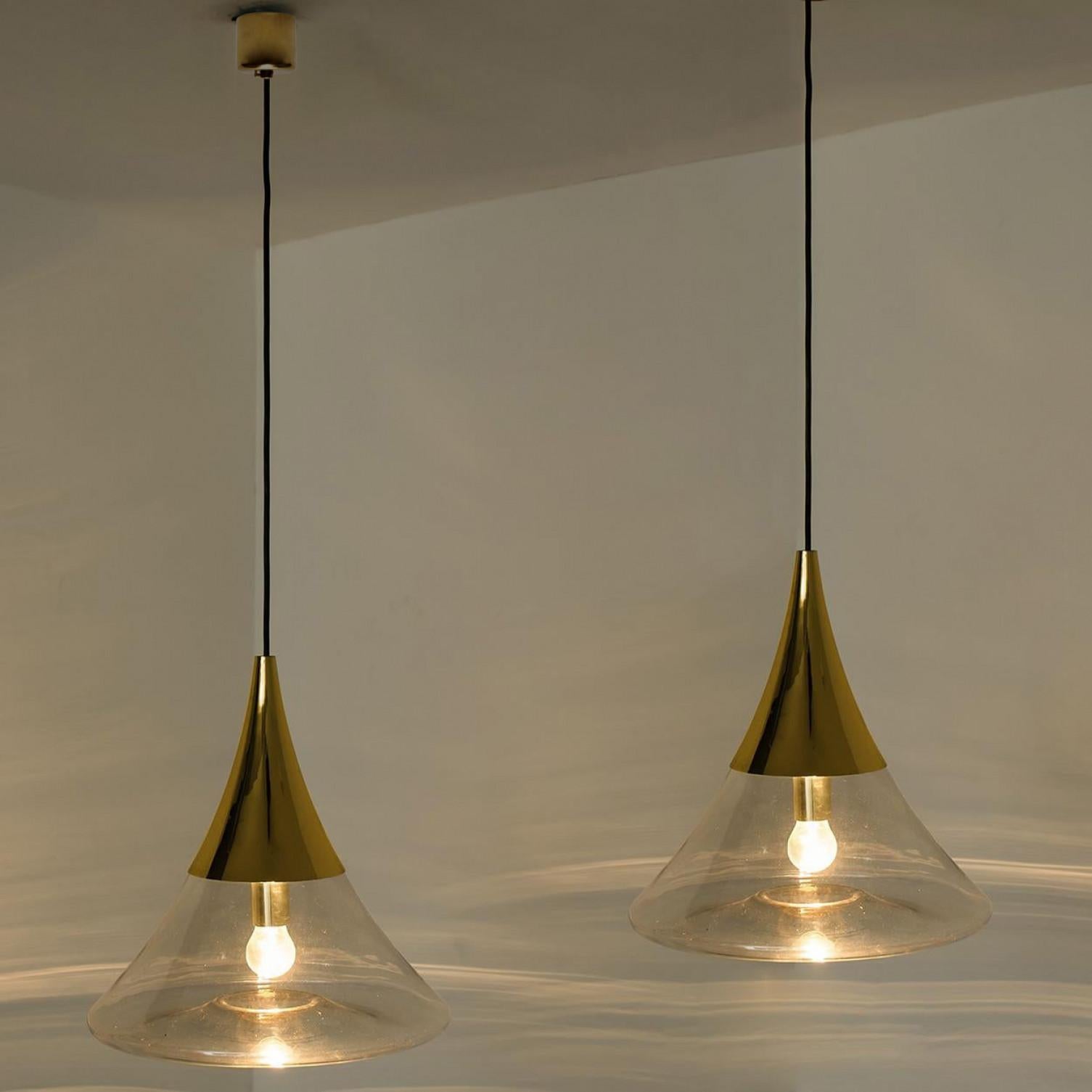 Pair of Cone Shape Brass and Clear Glass Pendant Lights by Limburg For Sale 3