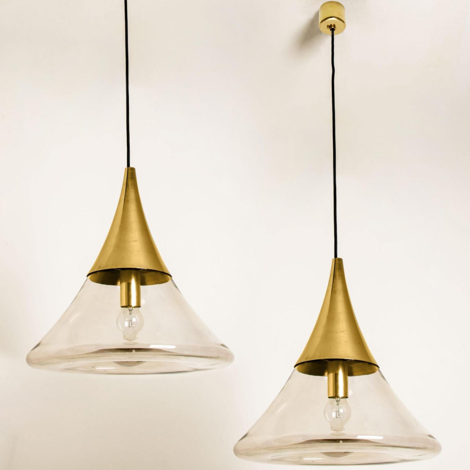 Other Pair of Cone Shape Brass and Clear Glass Pendant Lights by Limburg For Sale