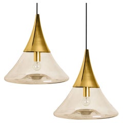 Antique Pair of Cone Shape Brass and Clear Glass Pendant Lights by Limburg