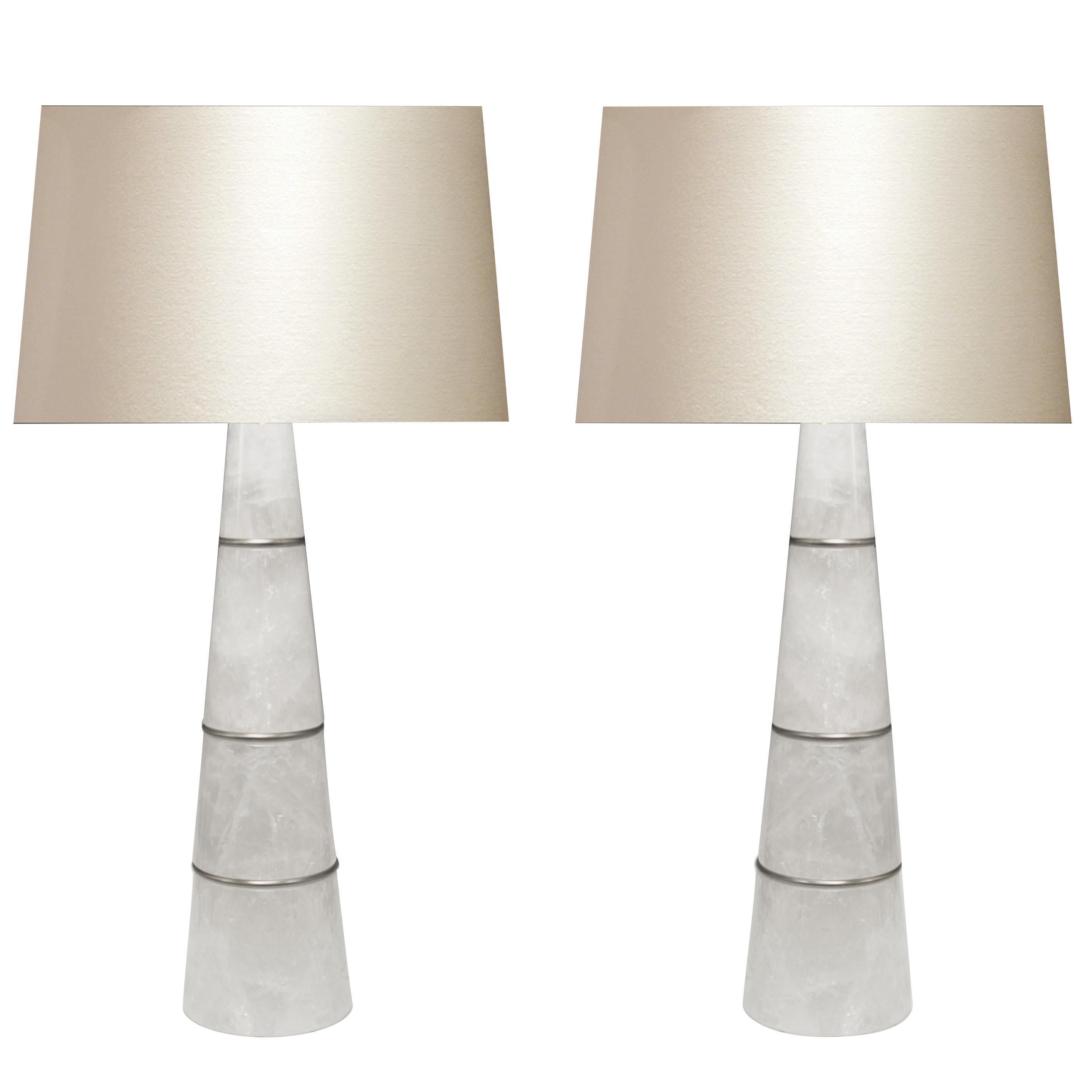 Pair of Cone Shaped Rock Crystal Quartz Lamps For Sale