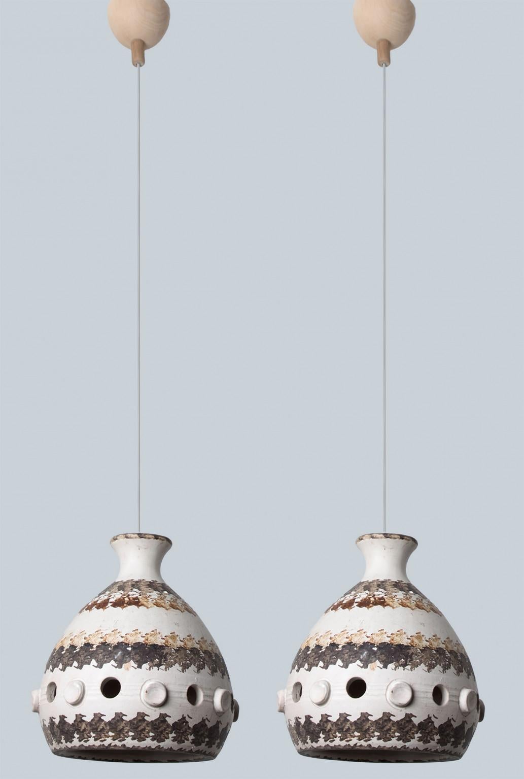 Pair of Cone White Brown Beige Ceramic Pendant Lights, Denmark, 1970 For Sale 7
