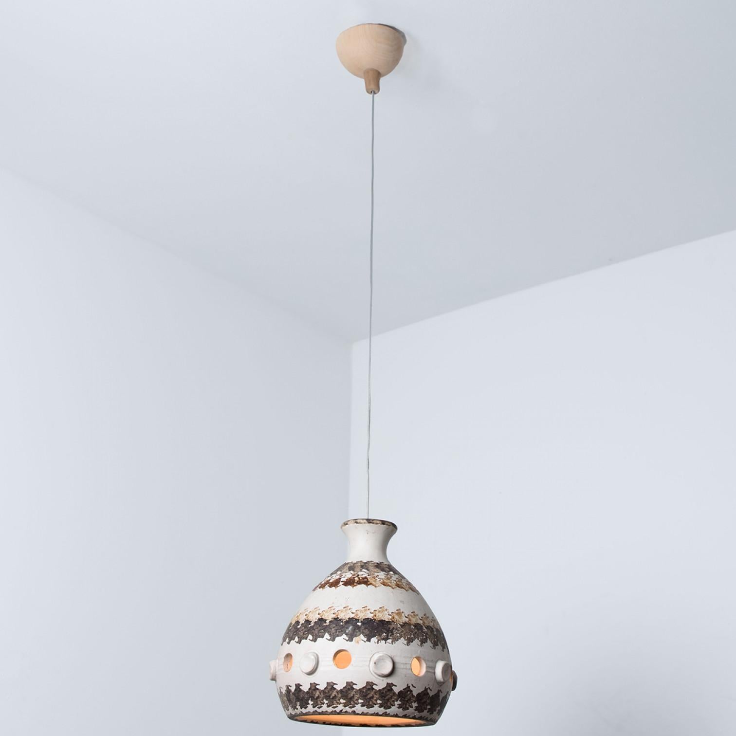 Late 20th Century Pair of Cone White Brown Beige Ceramic Pendant Lights, Denmark, 1970 For Sale