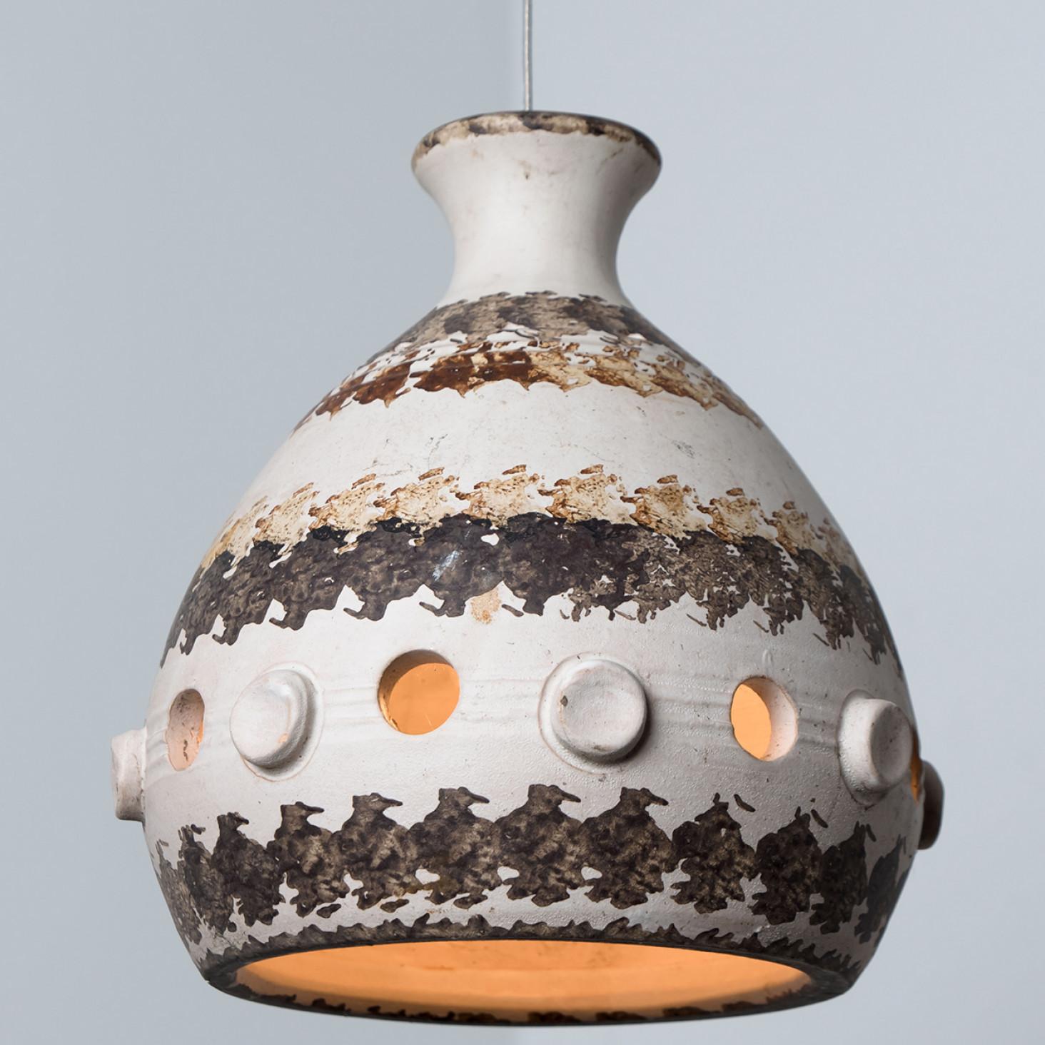 Pair of Cone White Brown Beige Ceramic Pendant Lights, Denmark, 1970 For Sale 1
