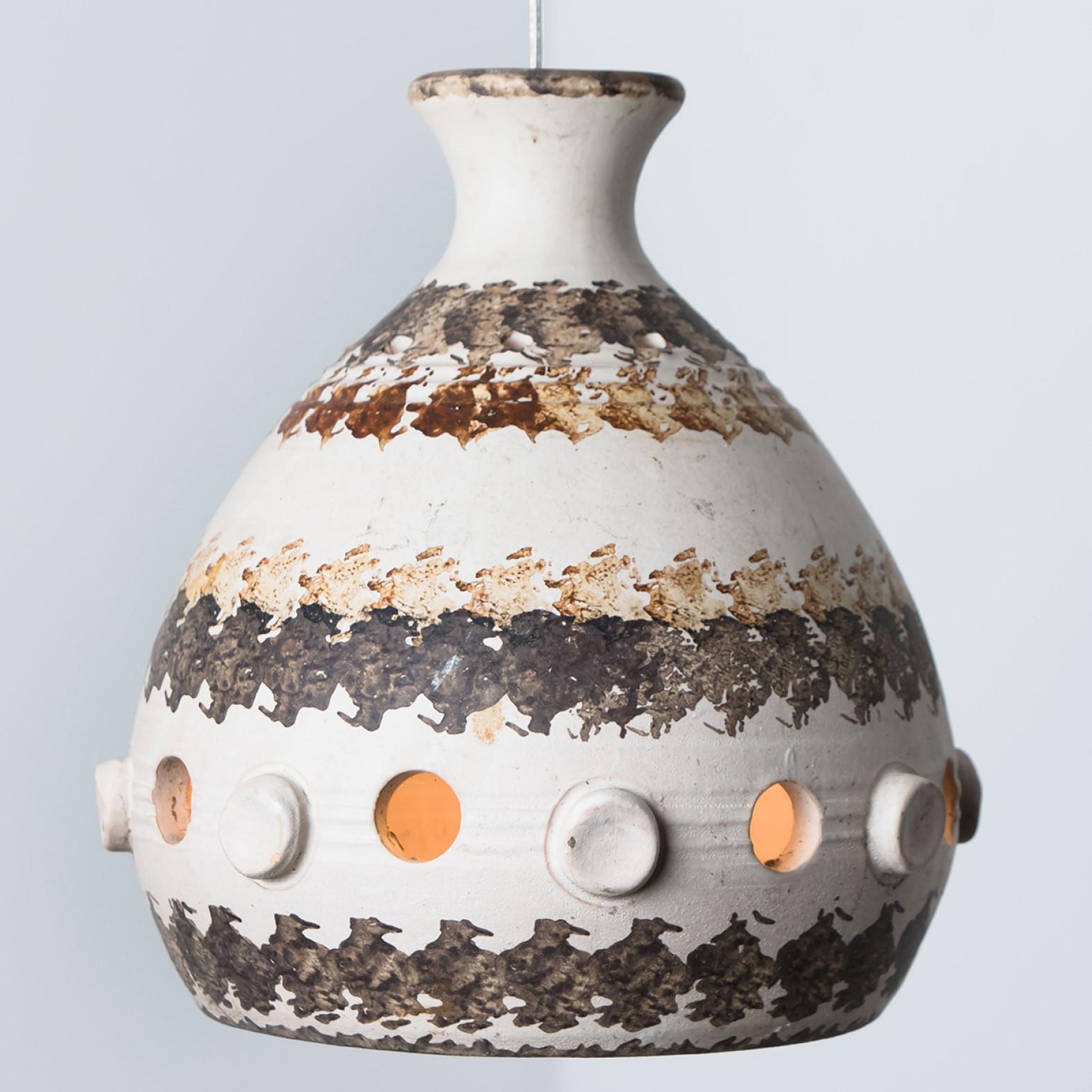 Pair of Cone White Brown Beige Ceramic Pendant Lights, Denmark, 1970 For Sale 2