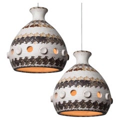 Pair of Cone White Brown Beige Ceramic Pendant Lights, Denmark, 1970