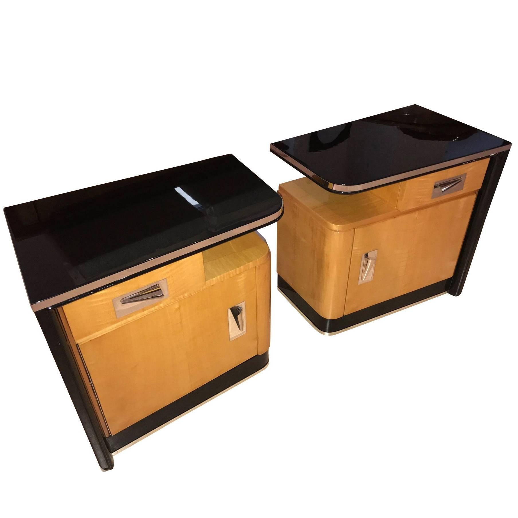 Pair of Art Deco Nightstands, Maple and Chrome, France, circa 1940
