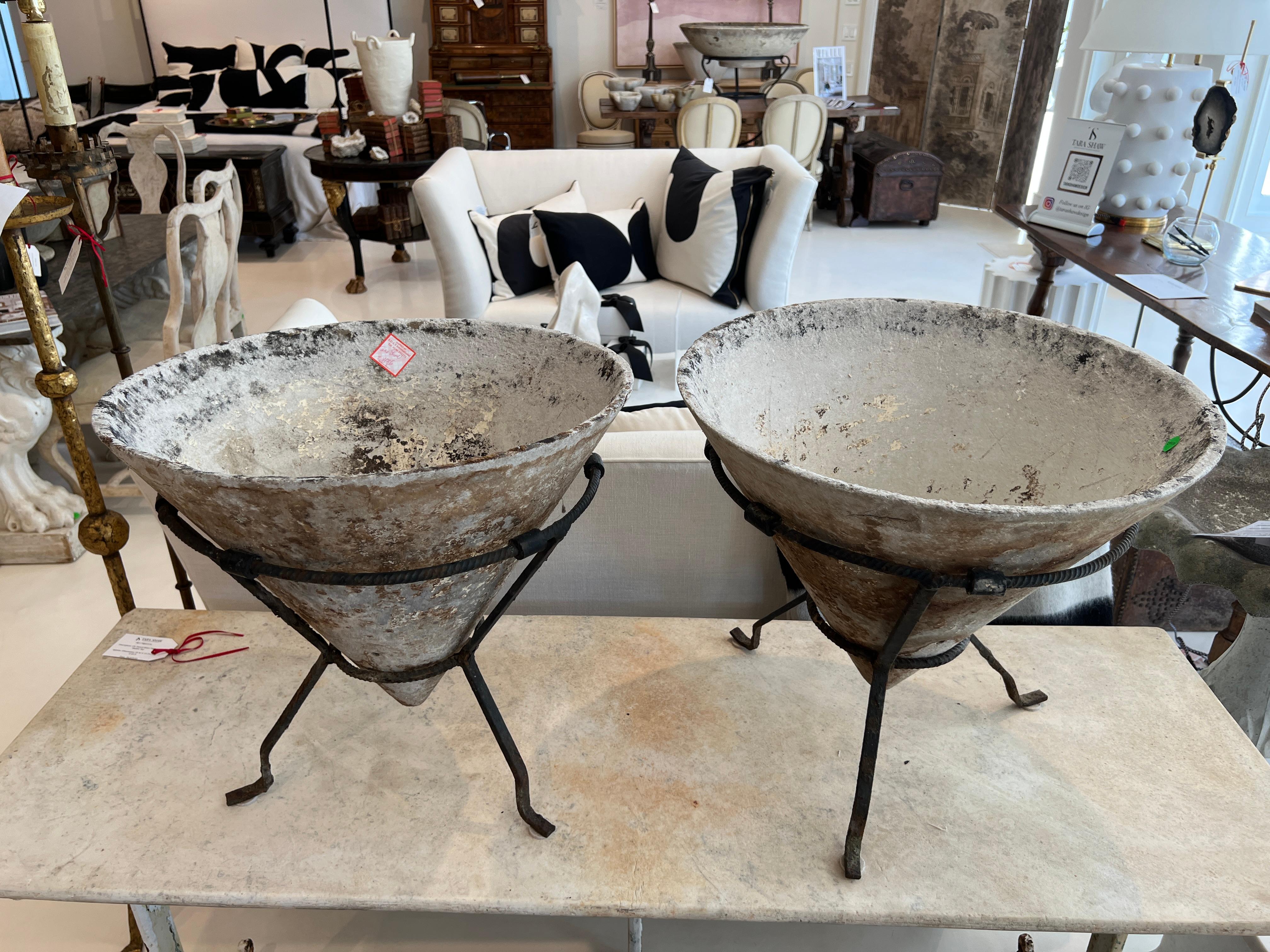 Mid-Century Modern Pair of Conical Jardinieres with Iron Stand For Sale