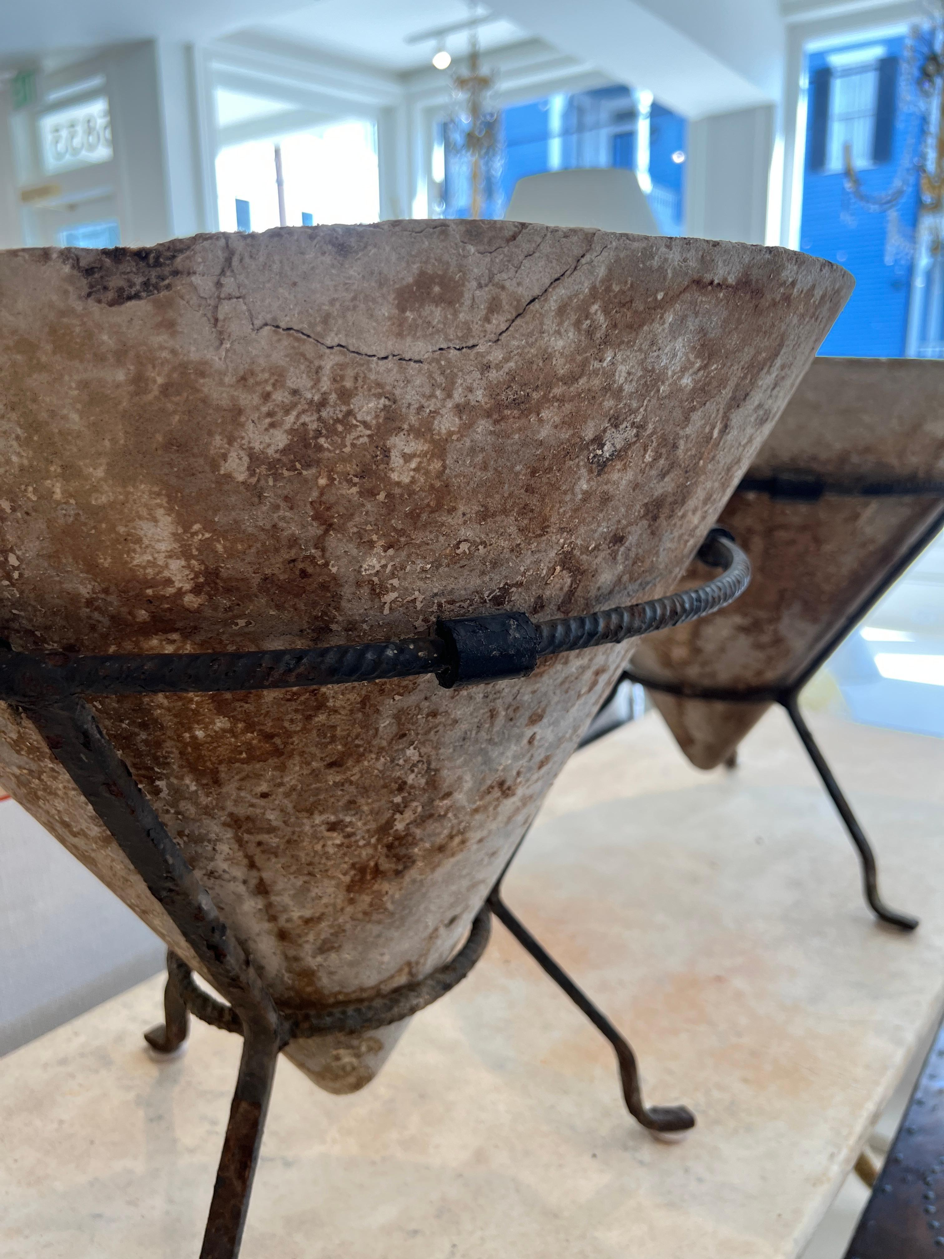 Pair of Conical Jardinieres with Iron Stand In Fair Condition For Sale In New Orleans, LA