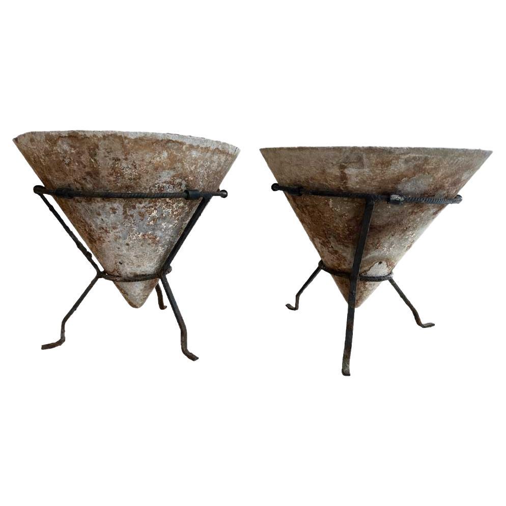 Pair of Conical Jardinieres with Iron Stand For Sale