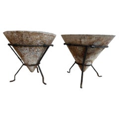 Vintage Pair of Conical Jardinieres with Iron Stand