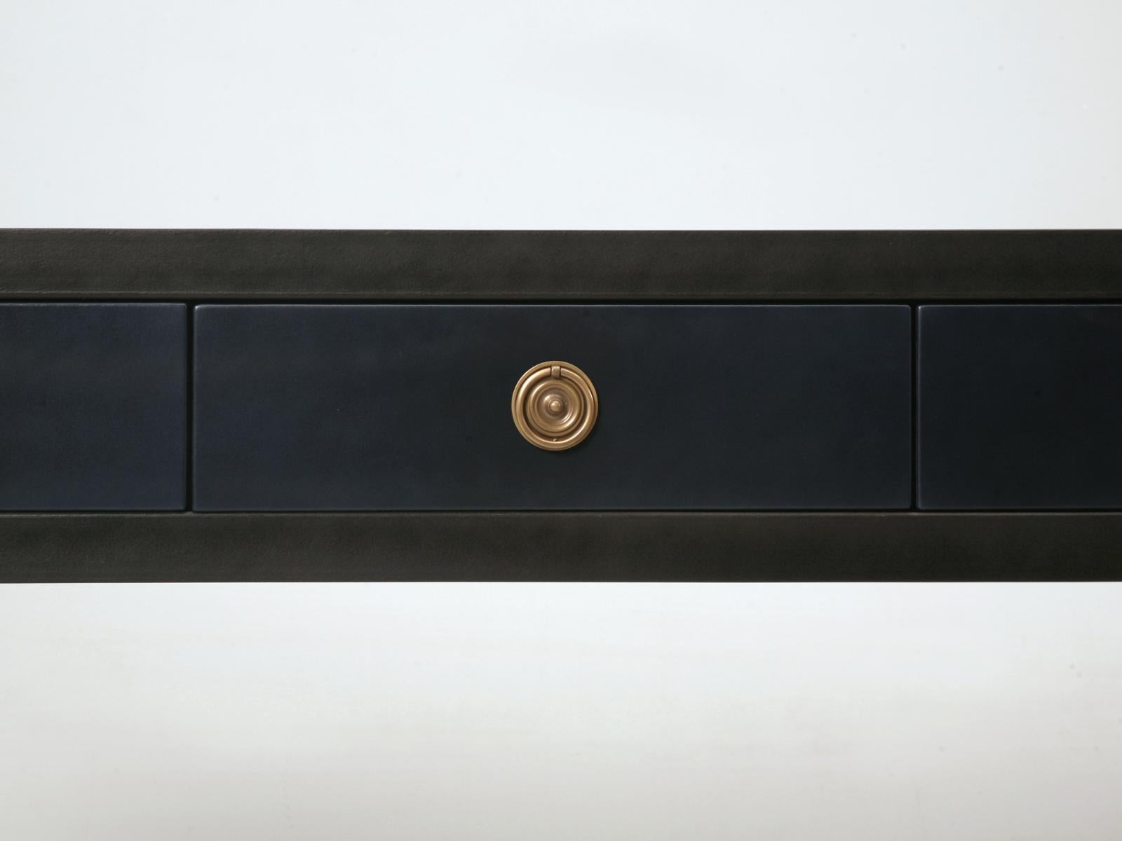 Ebonized Pair of Console or Sofa Tables from the Old Plank Collection in Leather and Wood For Sale