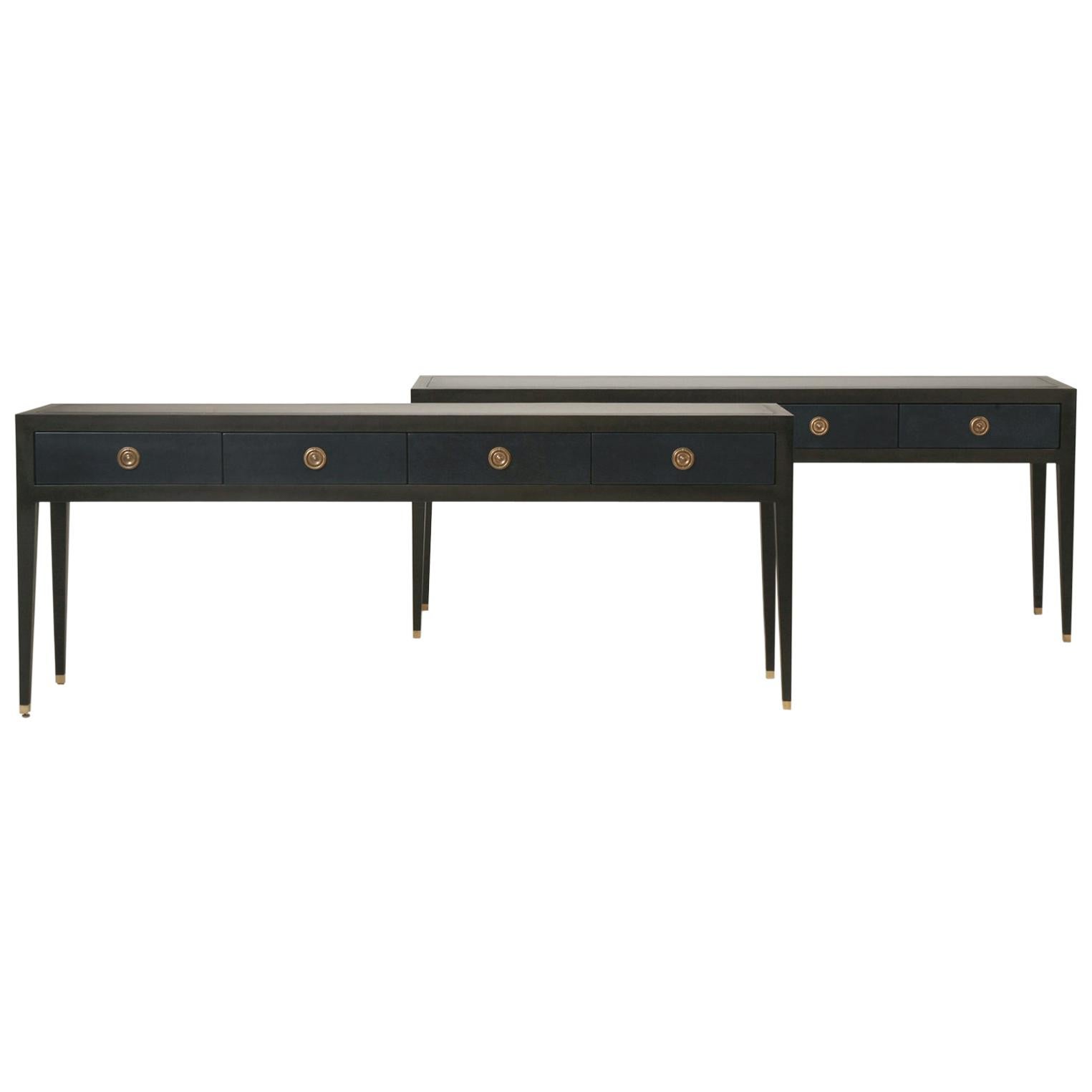 Pair of Console or Sofa Tables from the Old Plank Collection in Leather and Wood