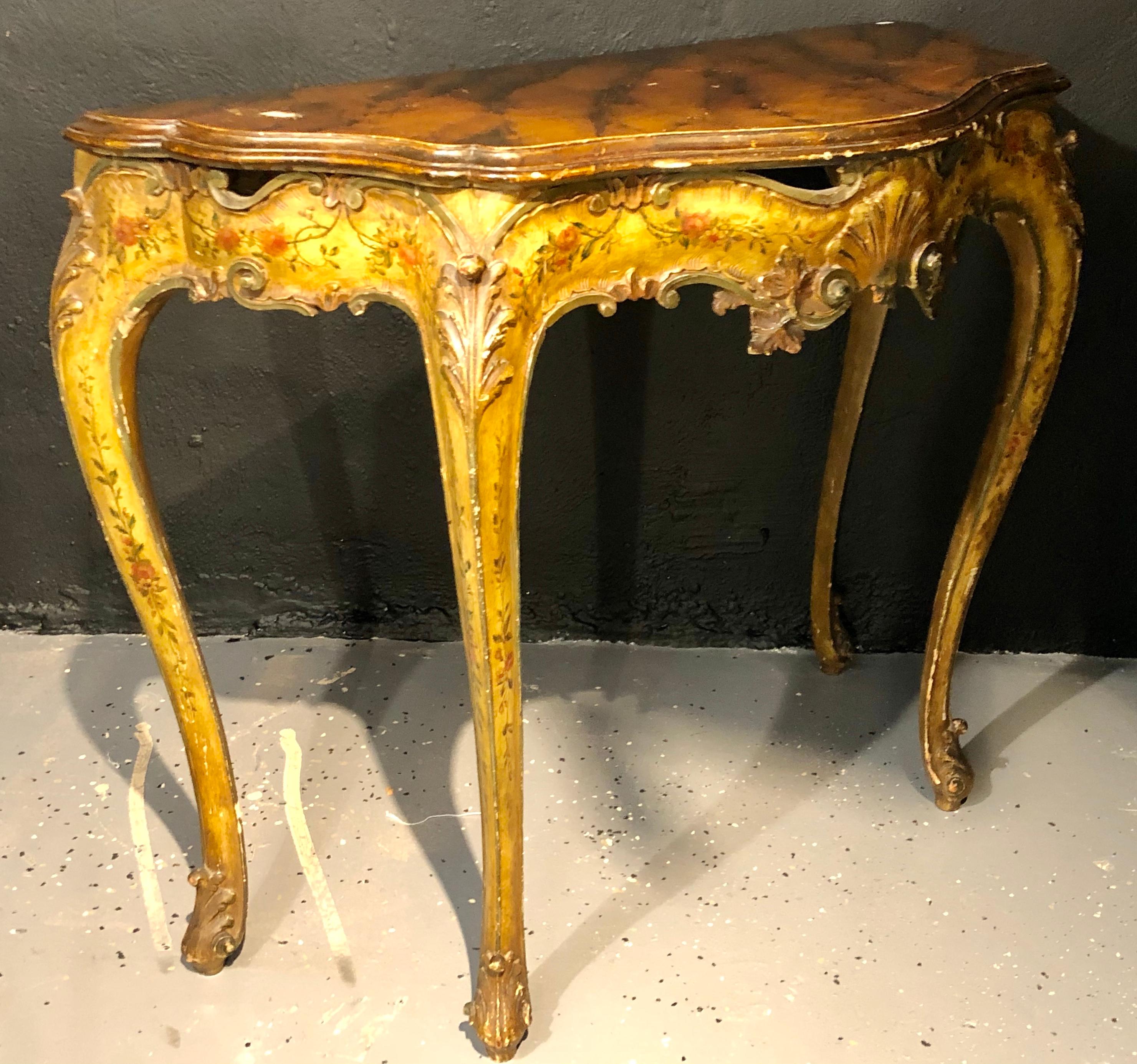 Louis XV Pair of Console / Sofa Tables Italian Paint Decorated Bases on Faux Marble Top For Sale
