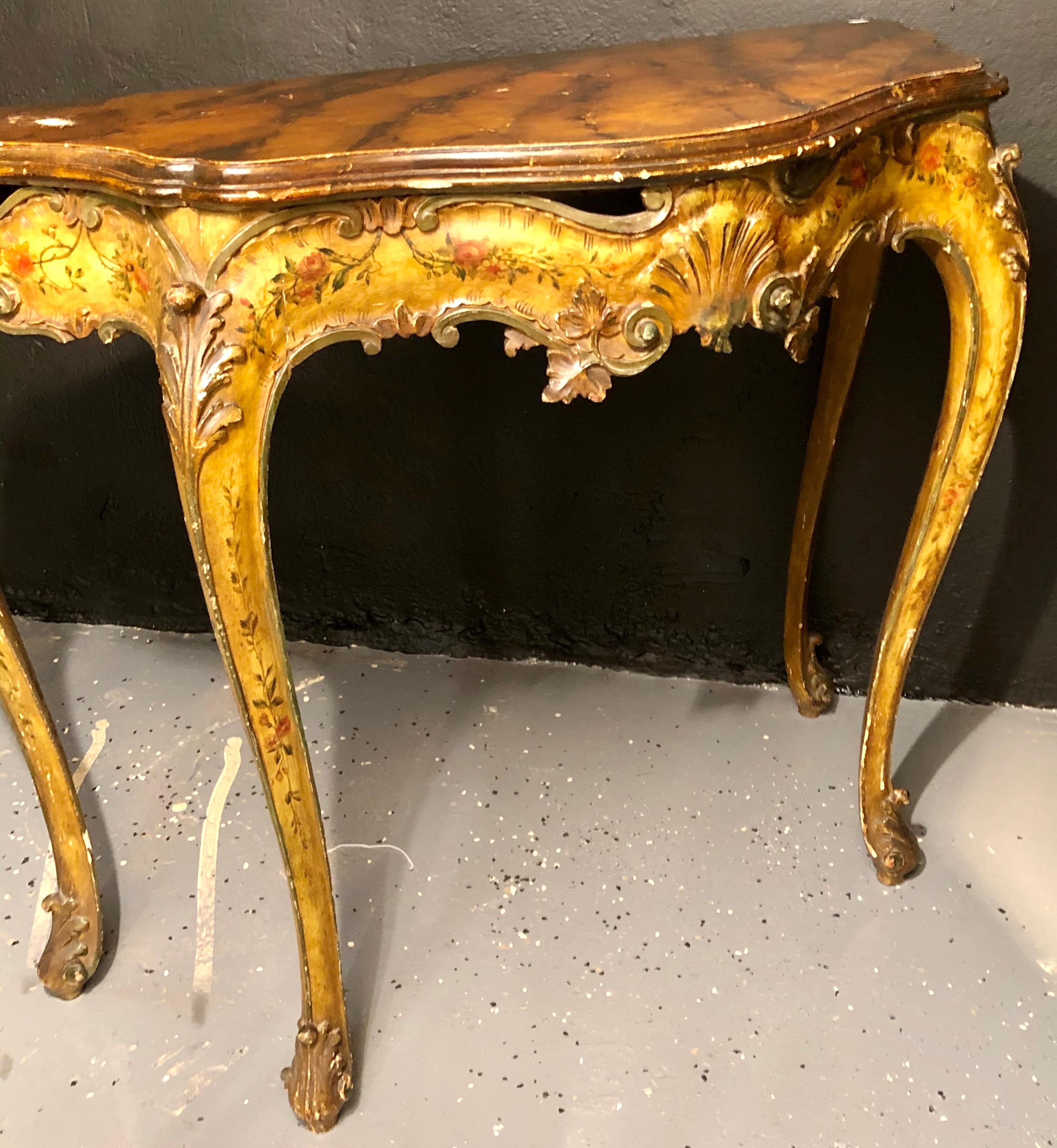 Hand-Carved Pair of Console / Sofa Tables Italian Paint Decorated Bases on Faux Marble Top For Sale
