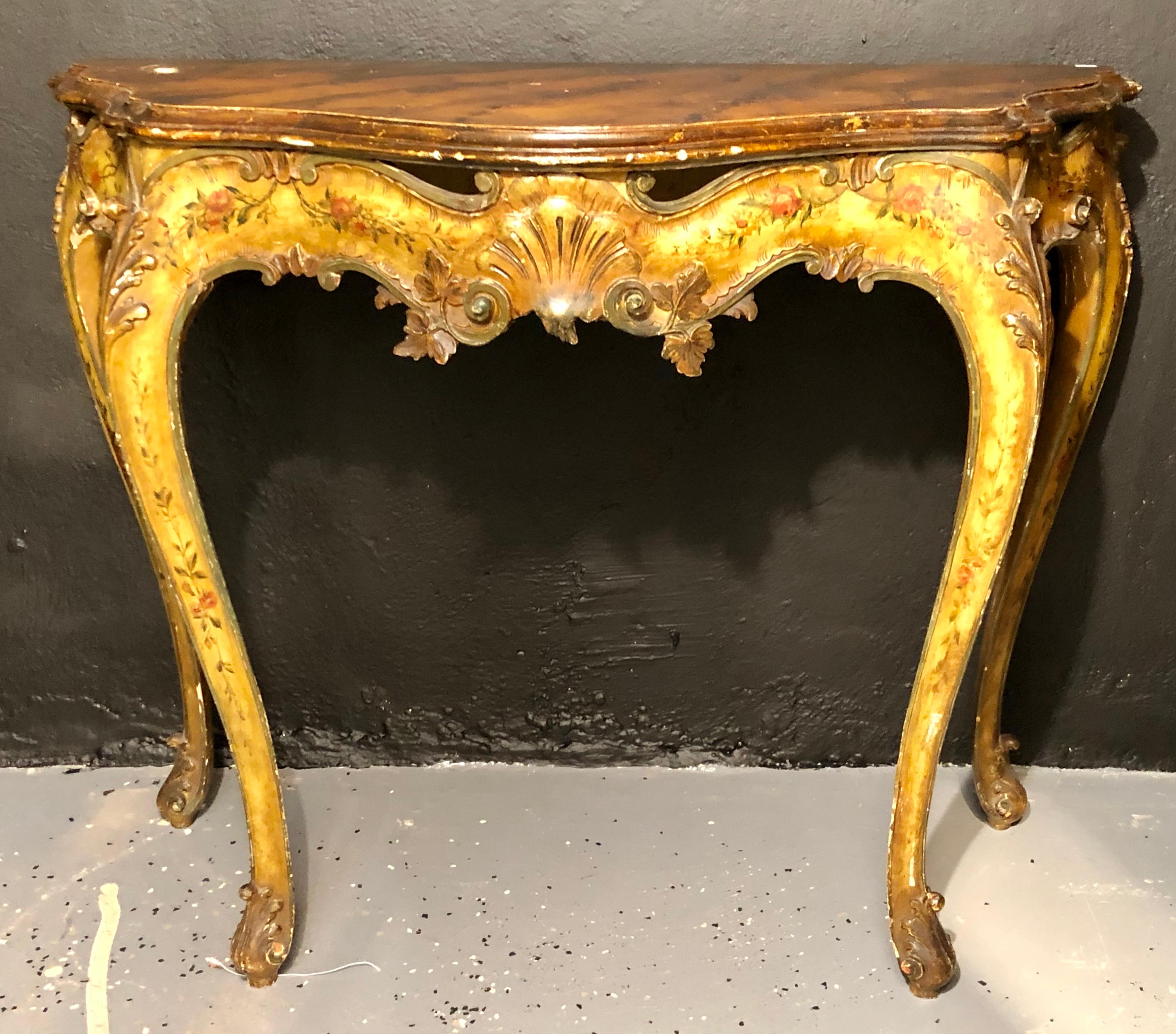 Pair of Console / Sofa Tables Italian Paint Decorated Bases on Faux Marble Top In Good Condition For Sale In Stamford, CT