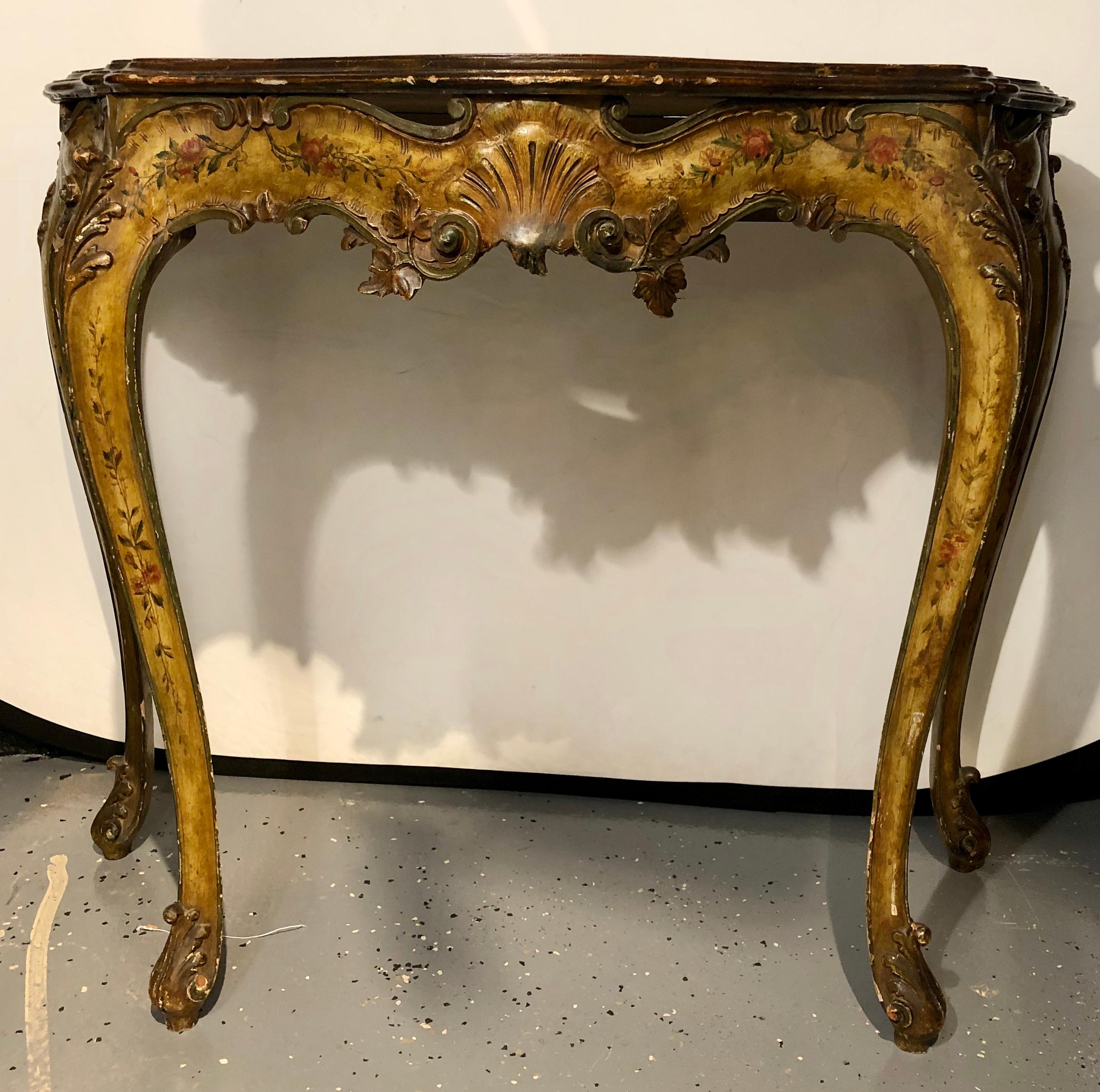 Early 20th Century Pair of Console / Sofa Tables Italian Paint Decorated Bases on Faux Marble Top For Sale