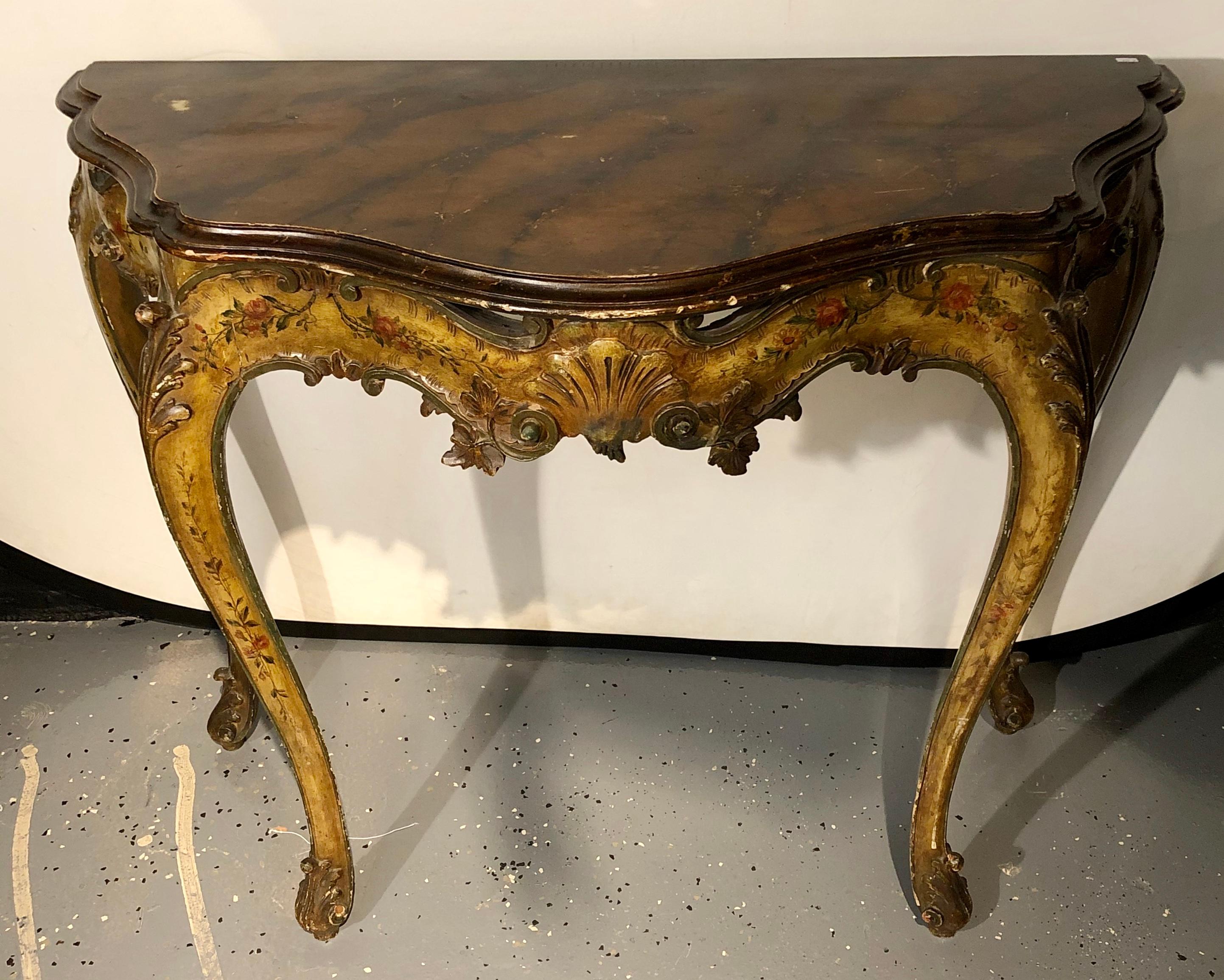 Wood Pair of Console / Sofa Tables Italian Paint Decorated Bases on Faux Marble Top For Sale