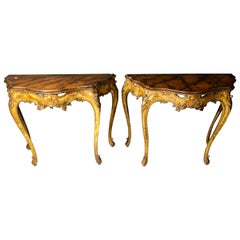 Used Pair of Console / Sofa Tables Italian Paint Decorated Bases on Faux Marble Top