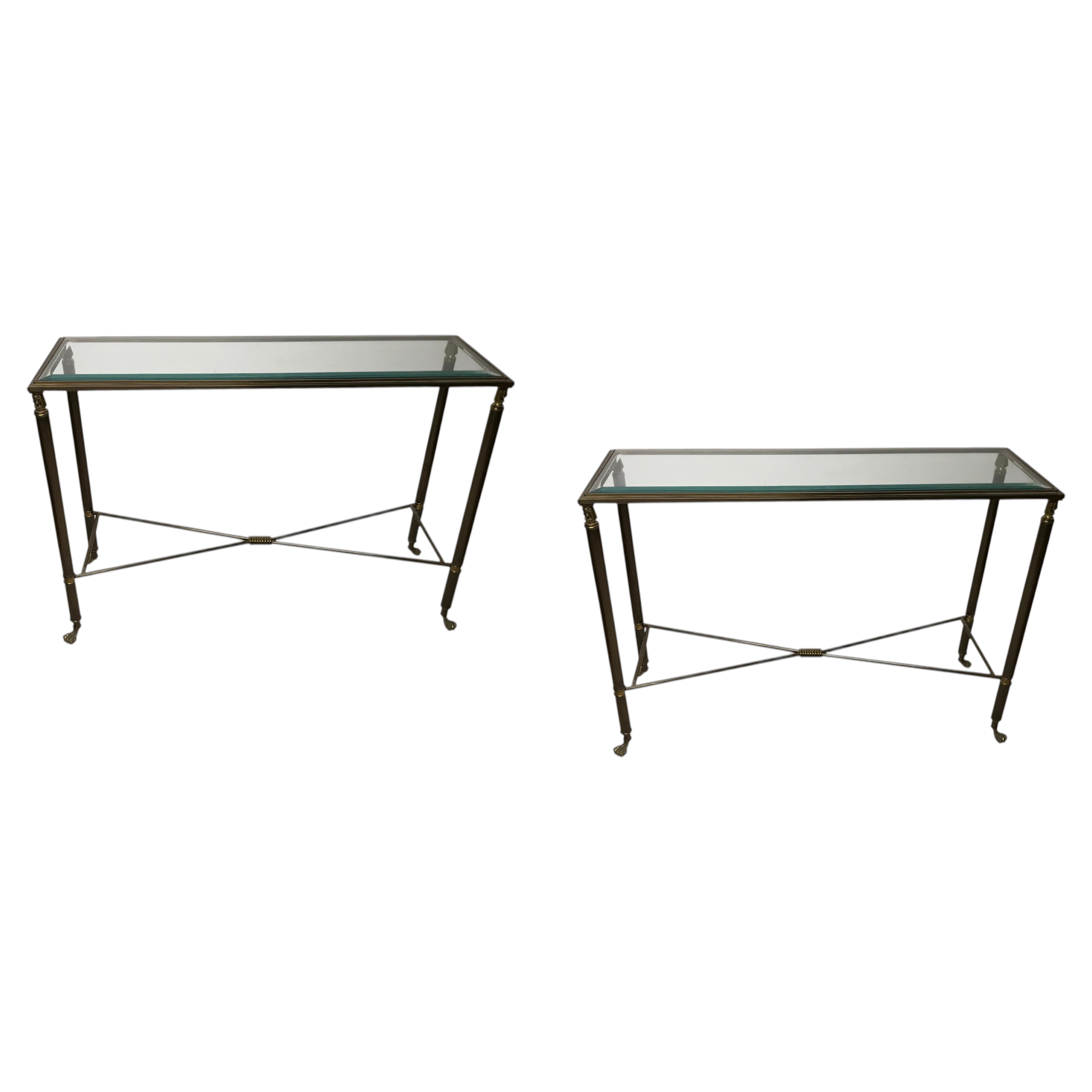 Pair of Console Style Art Deco 1930, egyptian motif, France, Bronze and glass For Sale