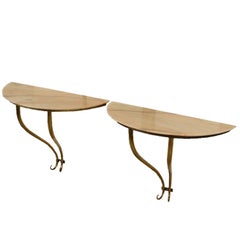 Pair of Console Tables Brass Marble Top Vintage, Italy, 1950s