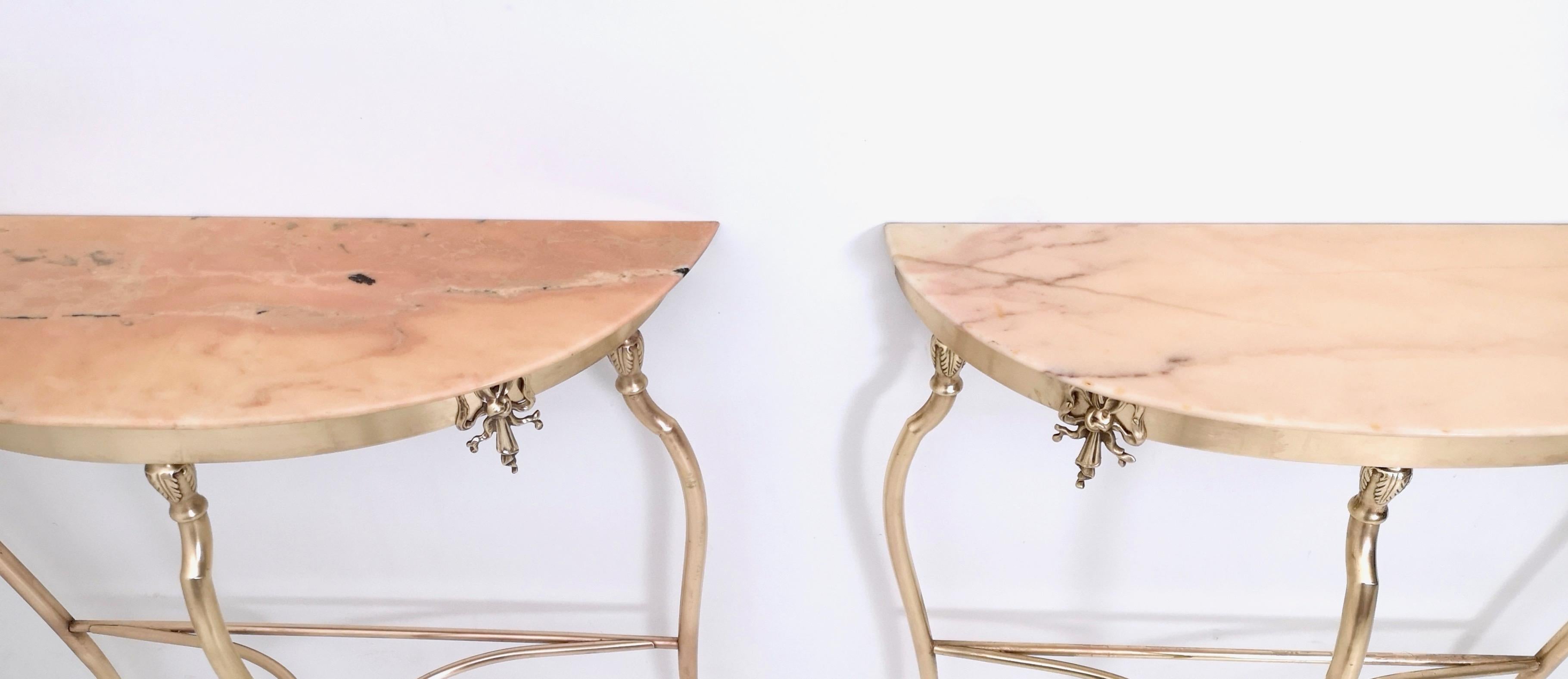 Pair of Console Tables with Demilune Portuguese Pink Marble Top, Italy, 1950s 2