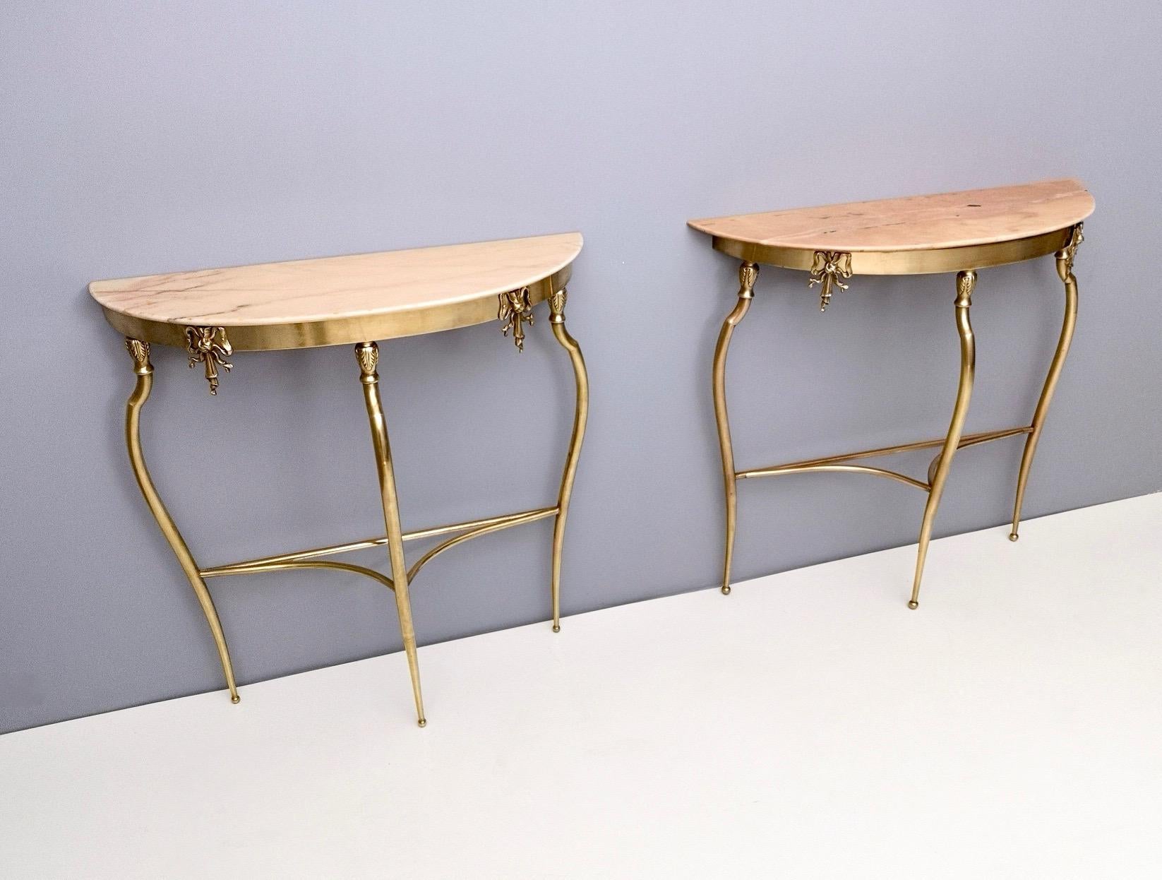 Mid-Century Modern Pair of Console Tables with Demilune Portuguese Pink Marble Top, Italy, 1950s