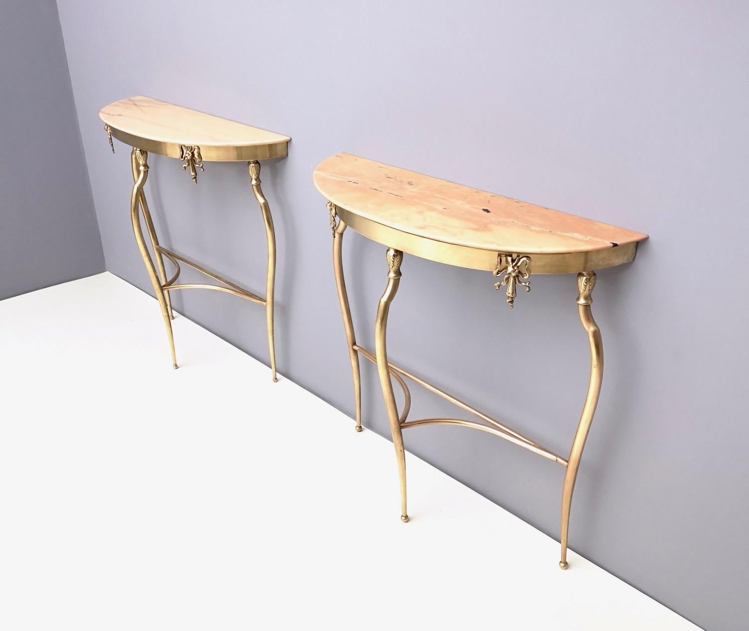 Italian Pair of Console Tables with Demilune Portuguese Pink Marble Top, Italy, 1950s
