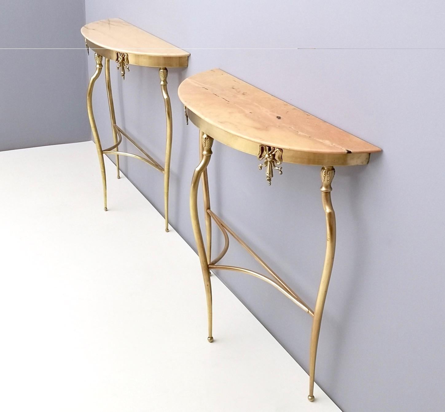 Pair of Console Tables with Demilune Portuguese Pink Marble Top, Italy, 1950s In Excellent Condition In Bresso, Lombardy