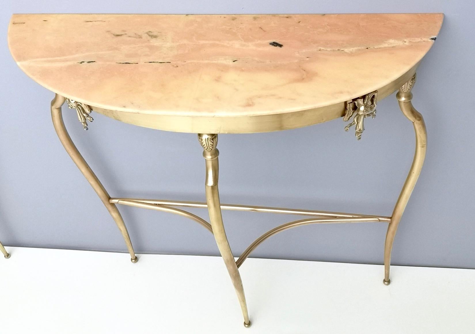 Brass Pair of Console Tables with Demilune Portuguese Pink Marble Top, Italy, 1950s