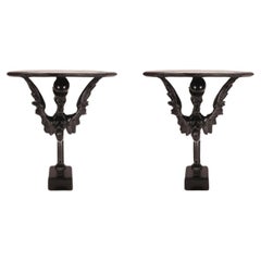 Antique Pair of console tables with griffons in ebonized walnut wood, Italy 1860.