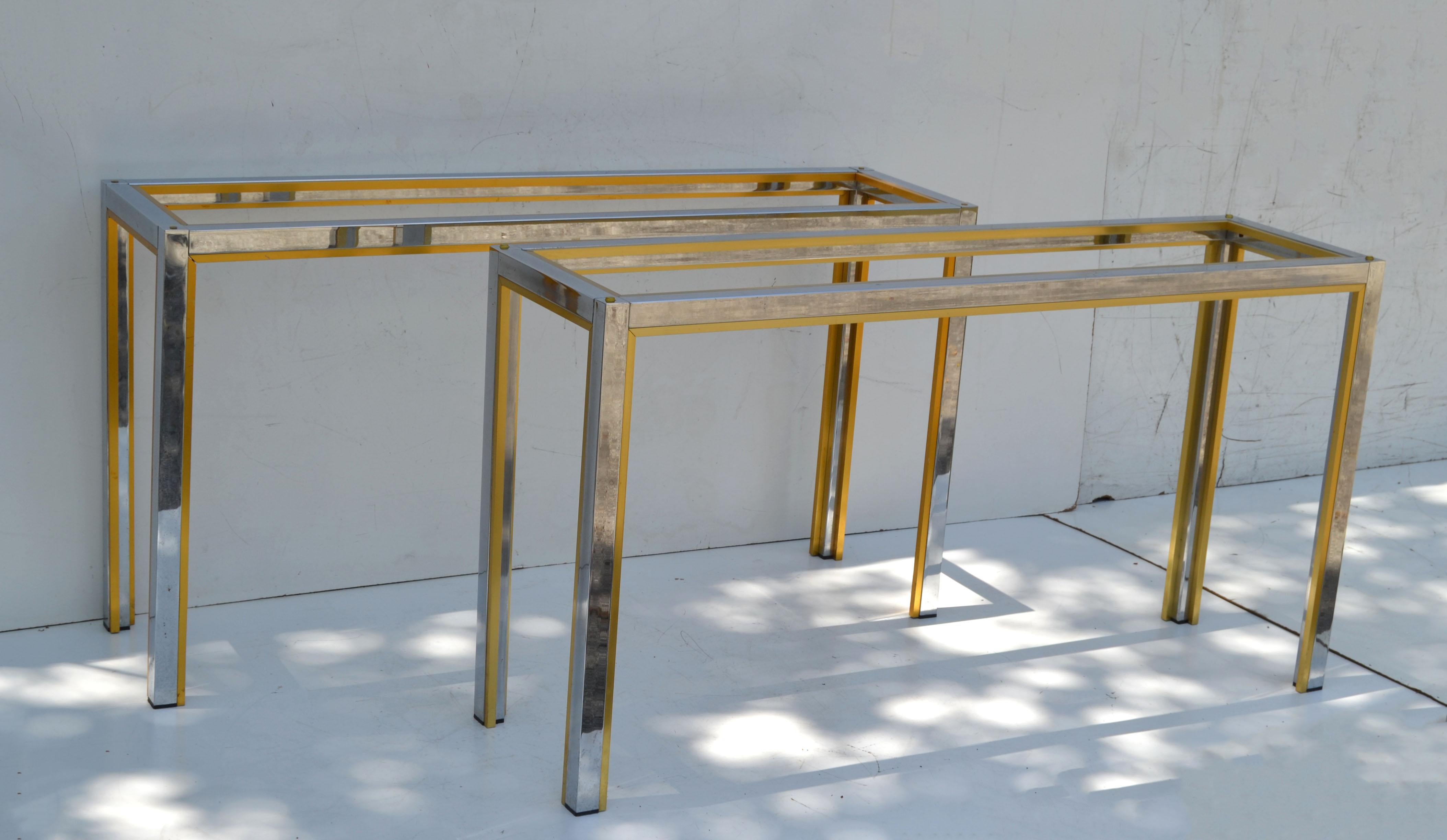 Pair of Consoles, Hallway Tables by Zilli in Chrome & Brass with Clear Glass Top For Sale 5
