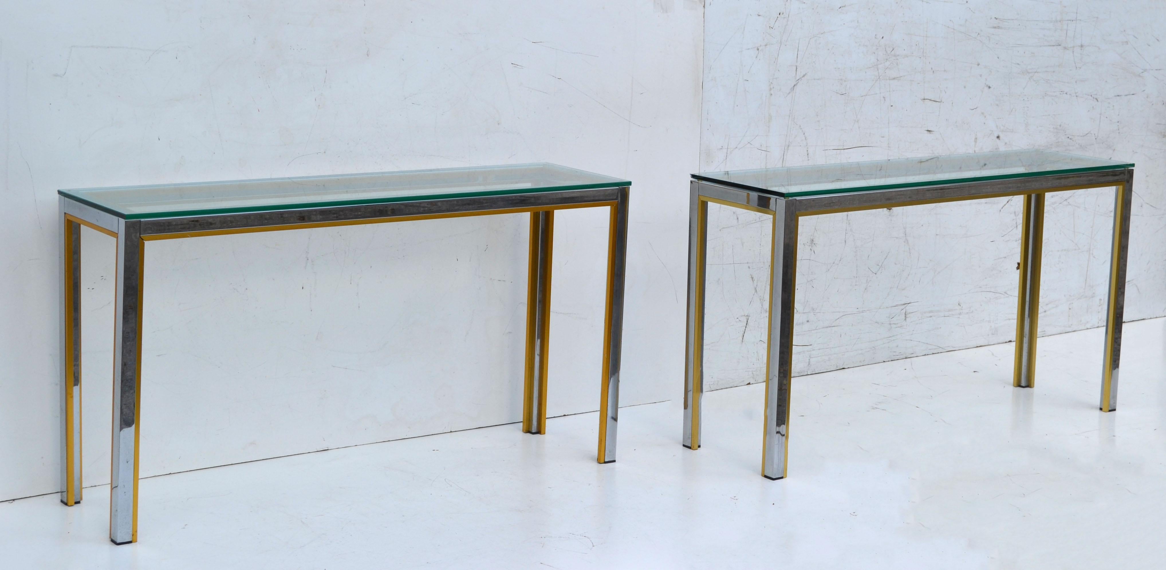 Italian Pair of Consoles, Hallway Tables by Zilli in Chrome & Brass with Clear Glass Top For Sale