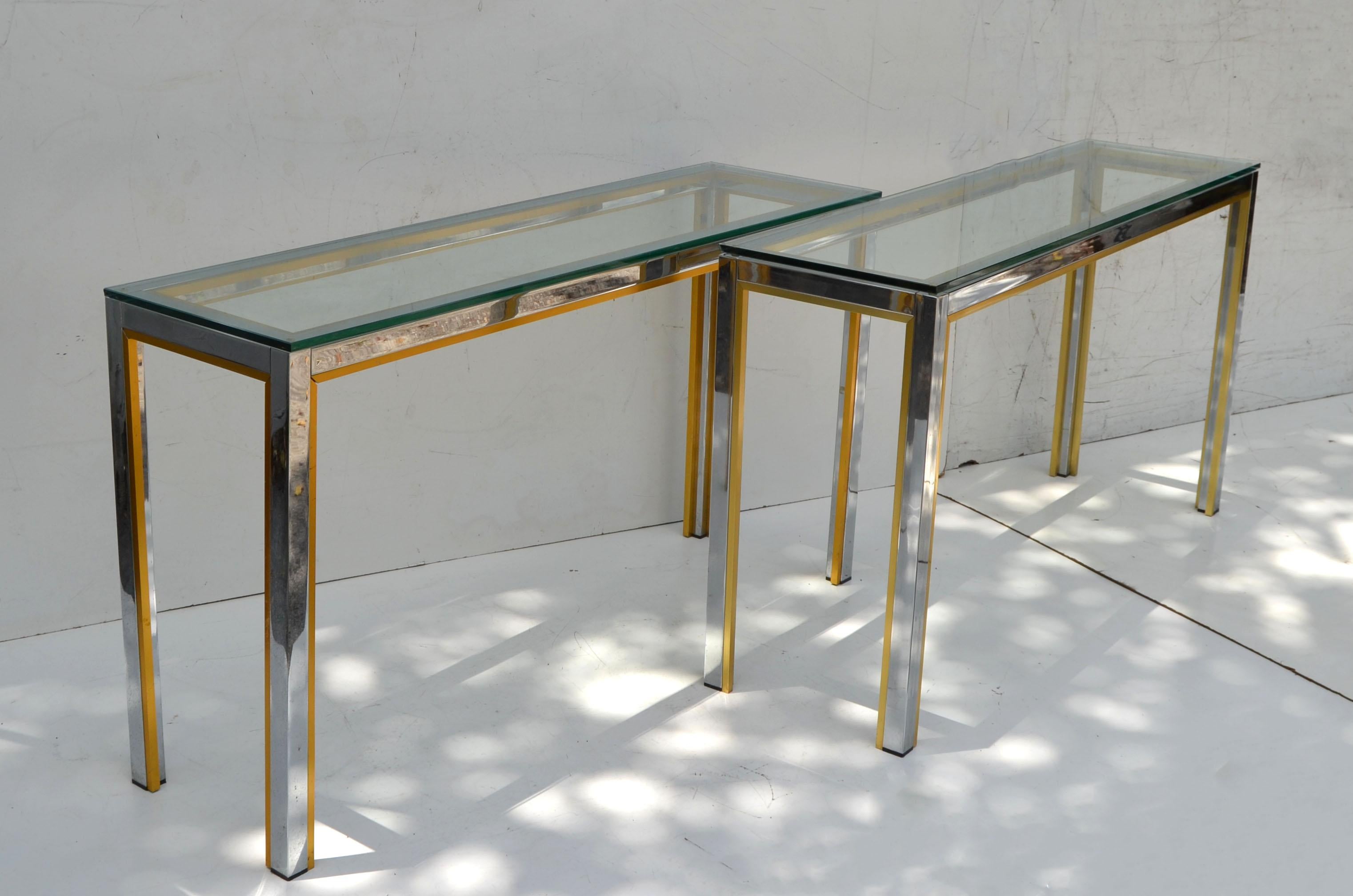 Beveled Pair of Consoles, Hallway Tables by Zilli in Chrome & Brass with Clear Glass Top For Sale