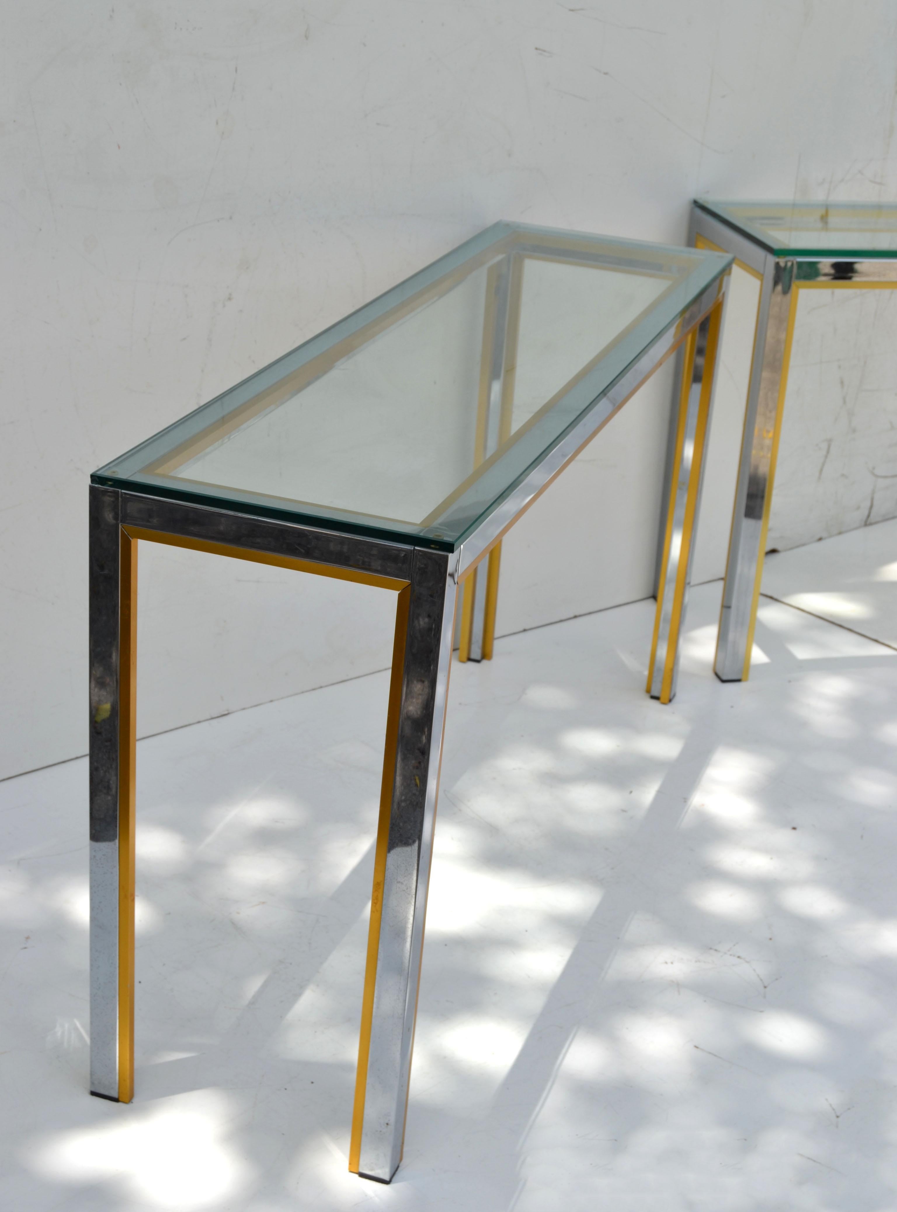 20th Century Pair of Consoles, Hallway Tables by Zilli in Chrome & Brass with Clear Glass Top For Sale